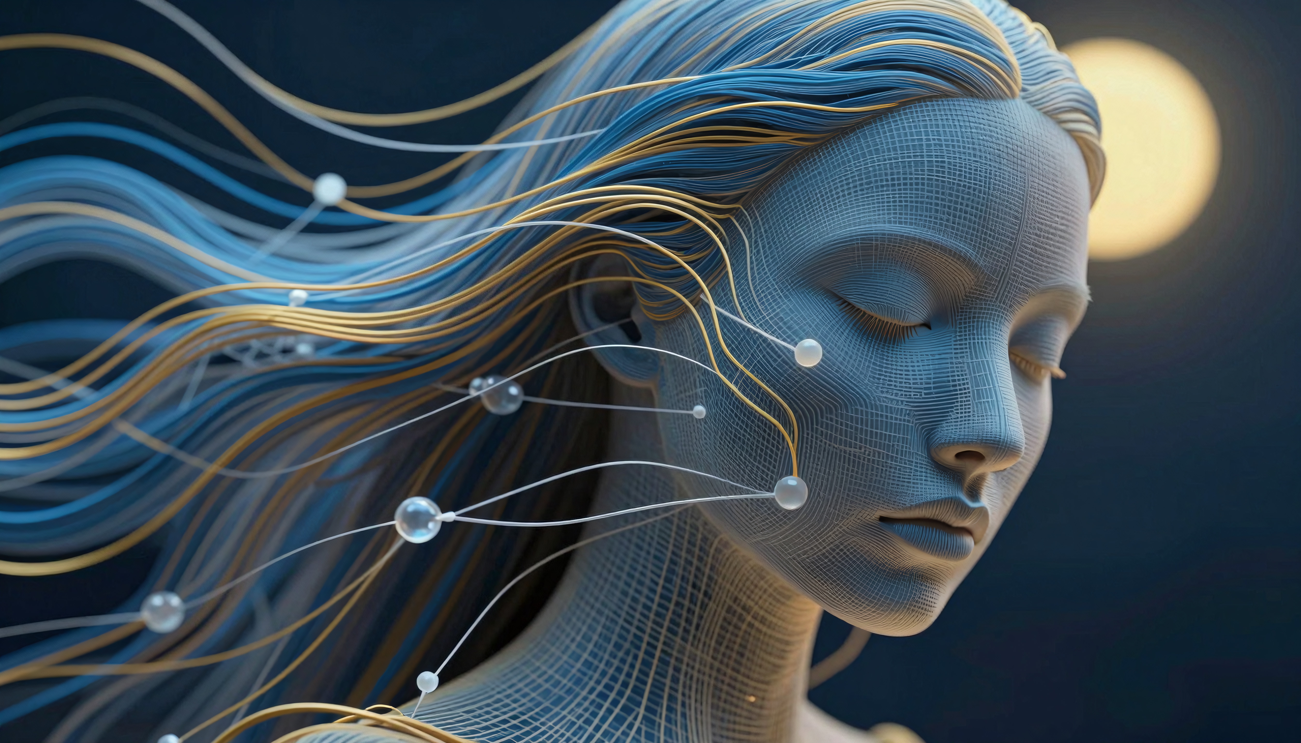 A digital artwork of an ethereal figure with flowing, neural-like strands creating a serene fusion of human and technology, under a glowing orb.