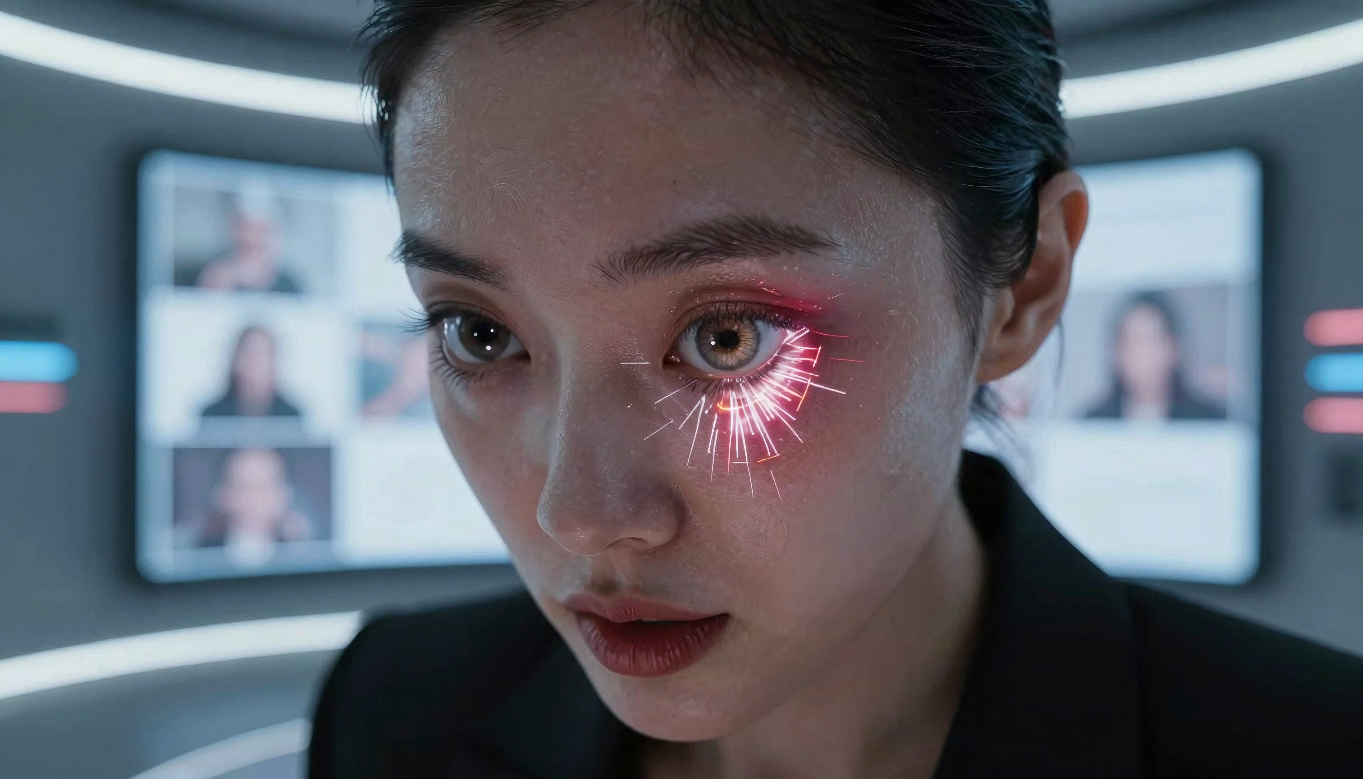 Close-up of a woman with a digitally enhanced eye in a futuristic, high-tech setting.