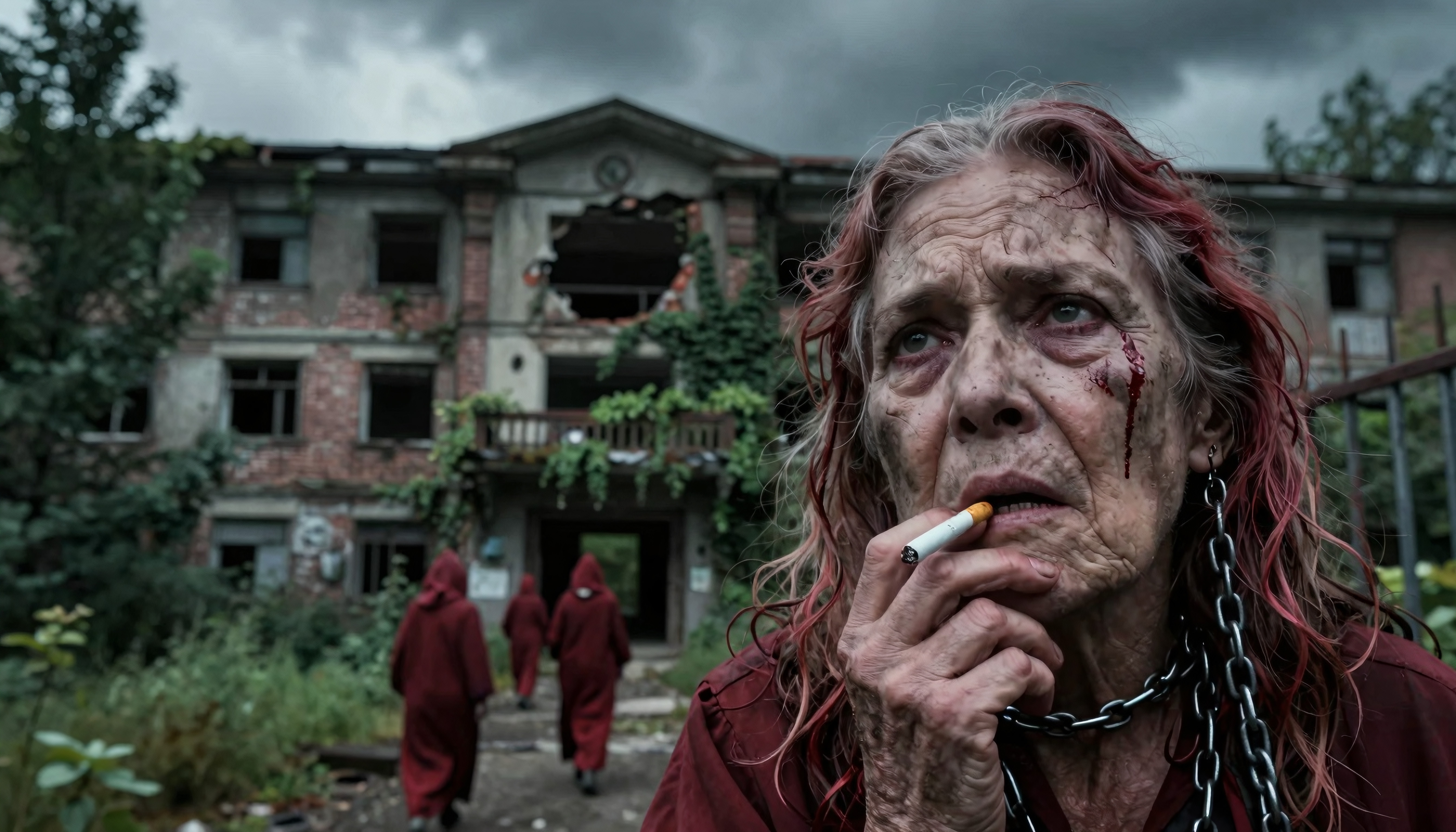 An elderly woman smokes in front of a crumbling building with hooded figures approaching, creating a haunting, mysterious atmosphere.