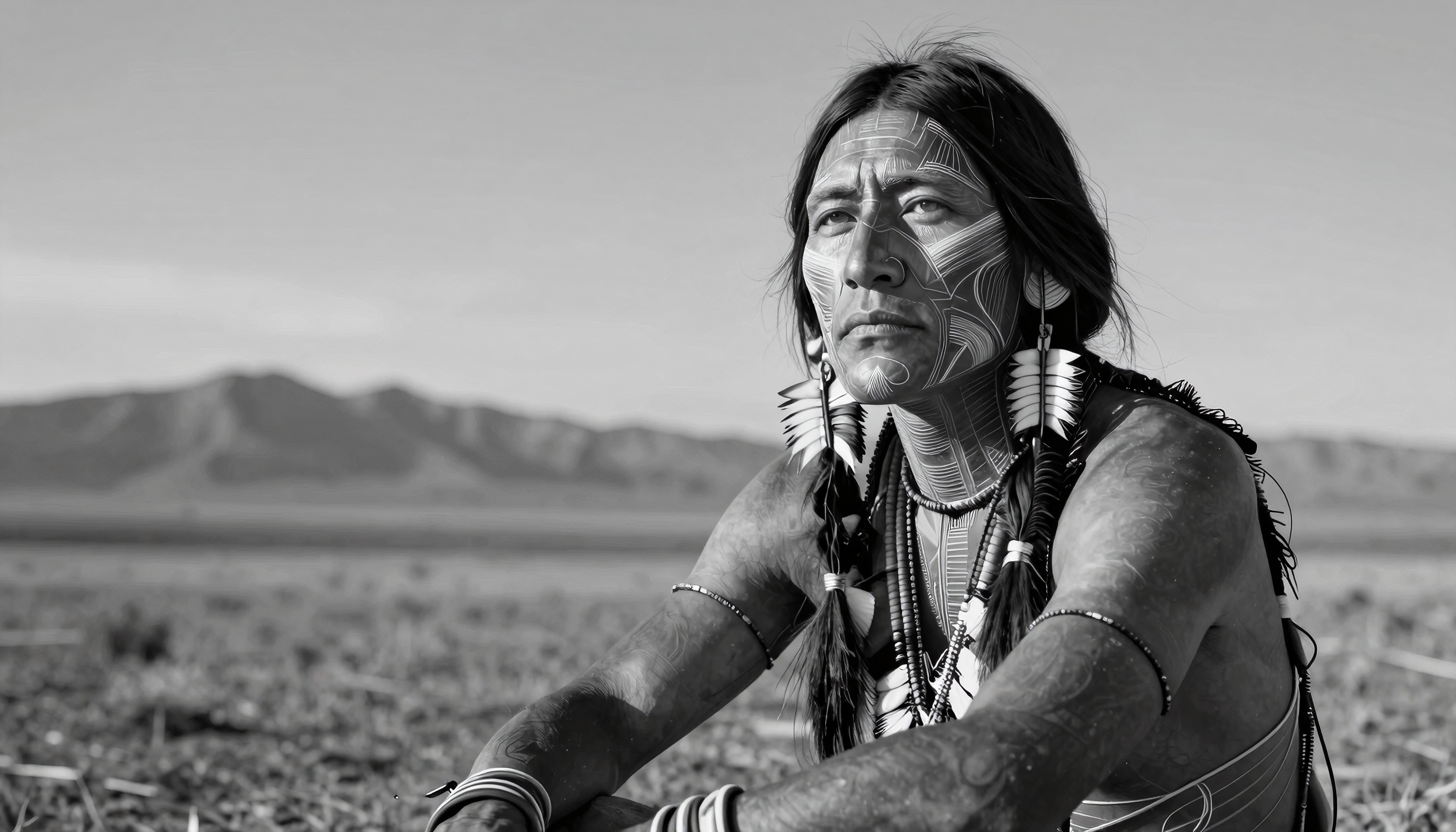 A black and white portrait of a person with intricate face paint and jewelry sitting in an open landscape with mountains in the background.