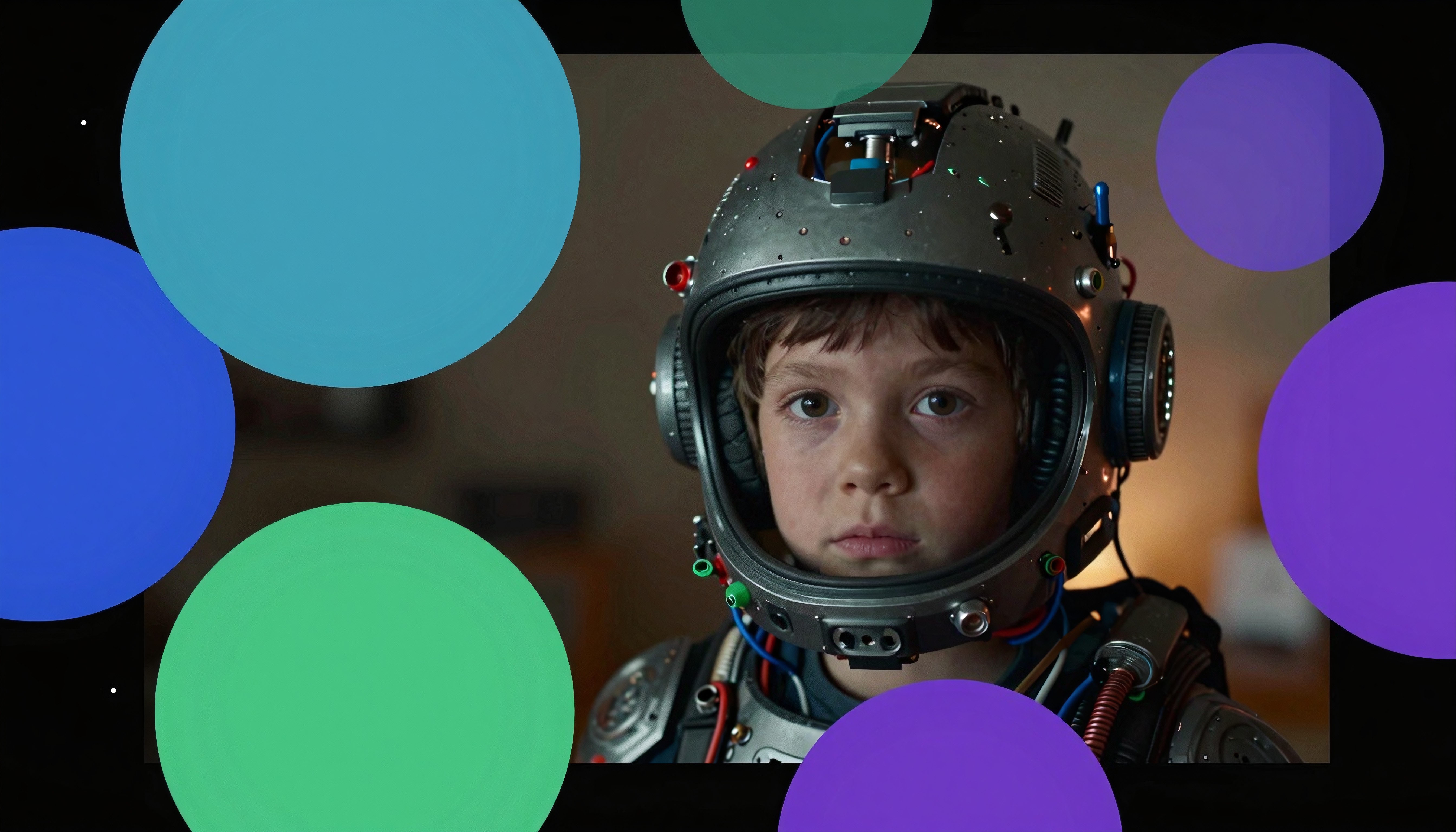 A child wears a futuristic space helmet with colorful abstract circles in the background, evoking imagination and exploration.