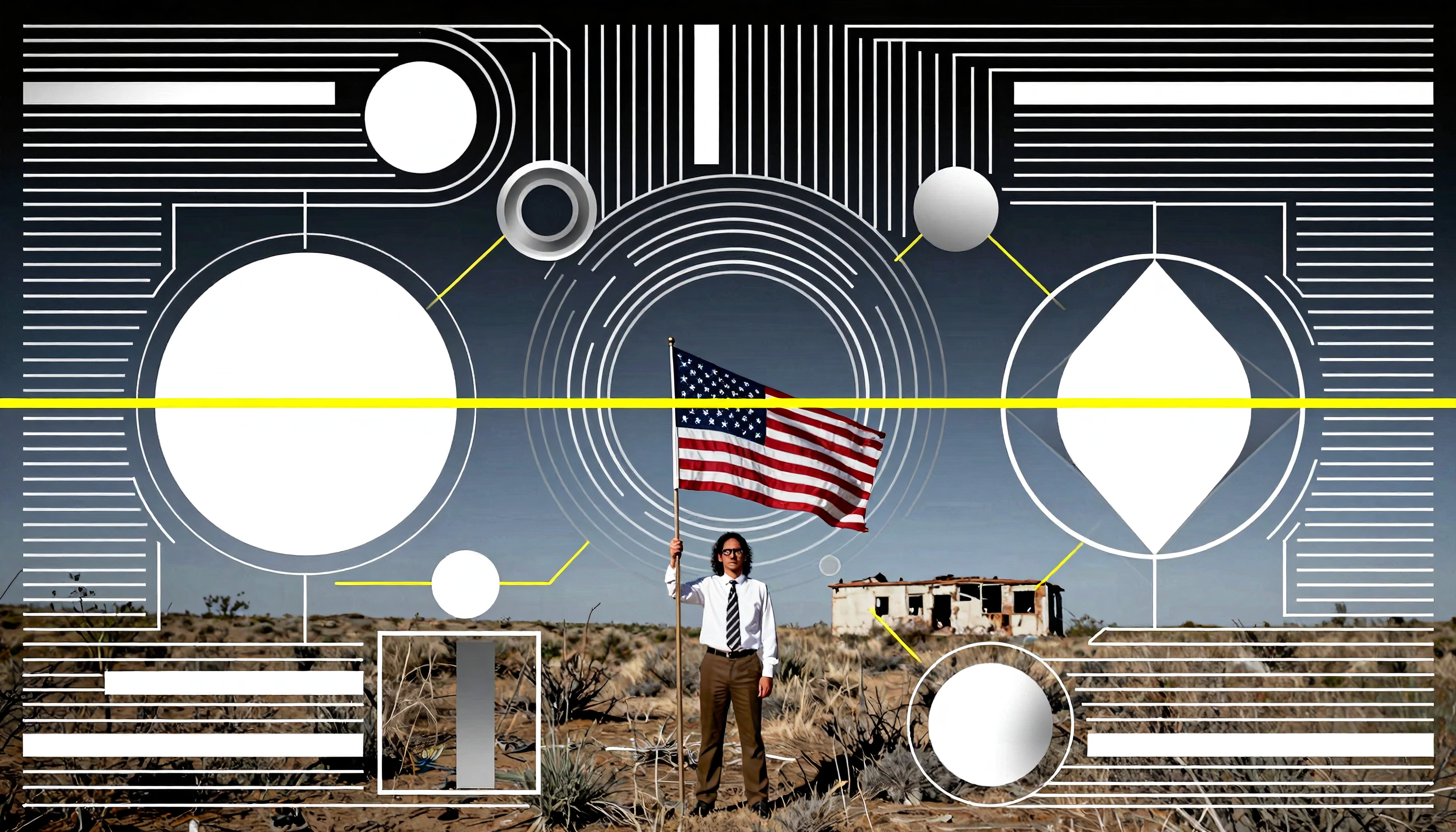 A man holds a flag in a desert with abstract geometrical design overlays.