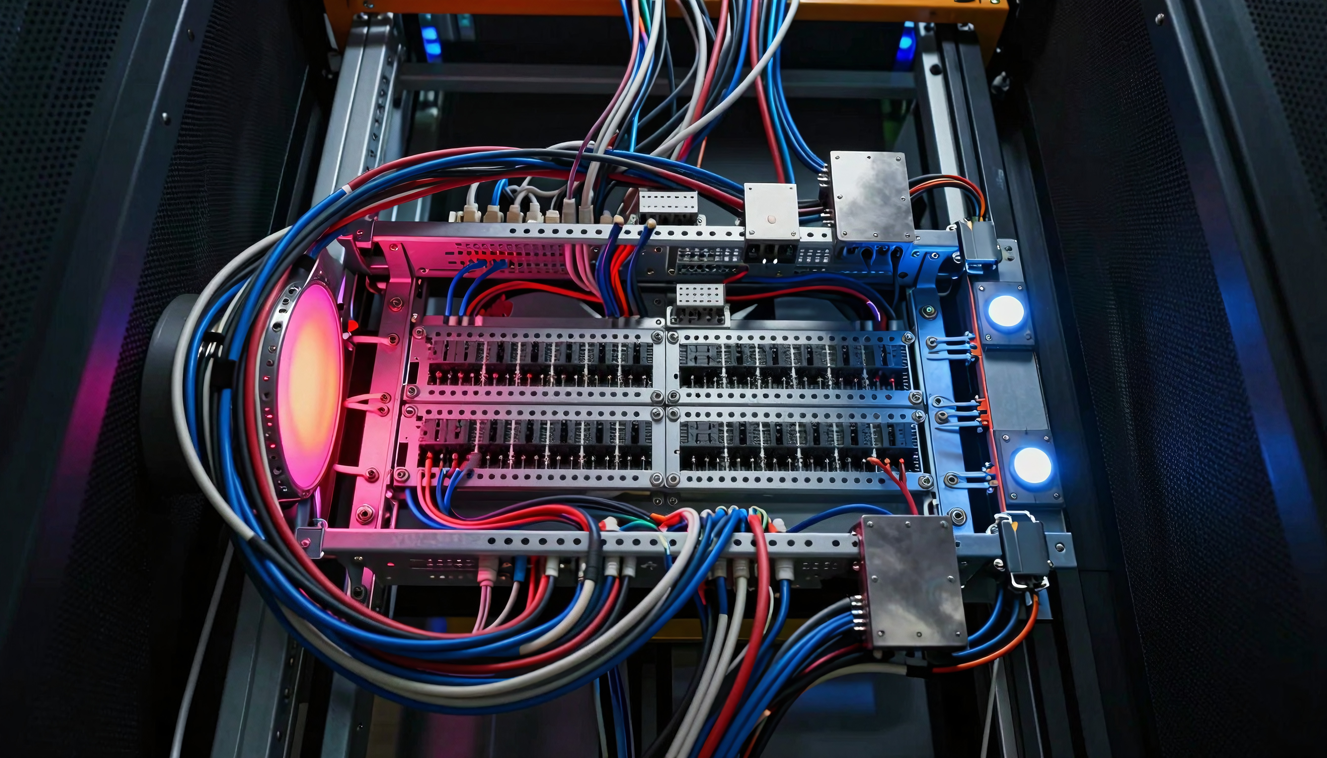 Intricate network server with colorful cables and lights.
