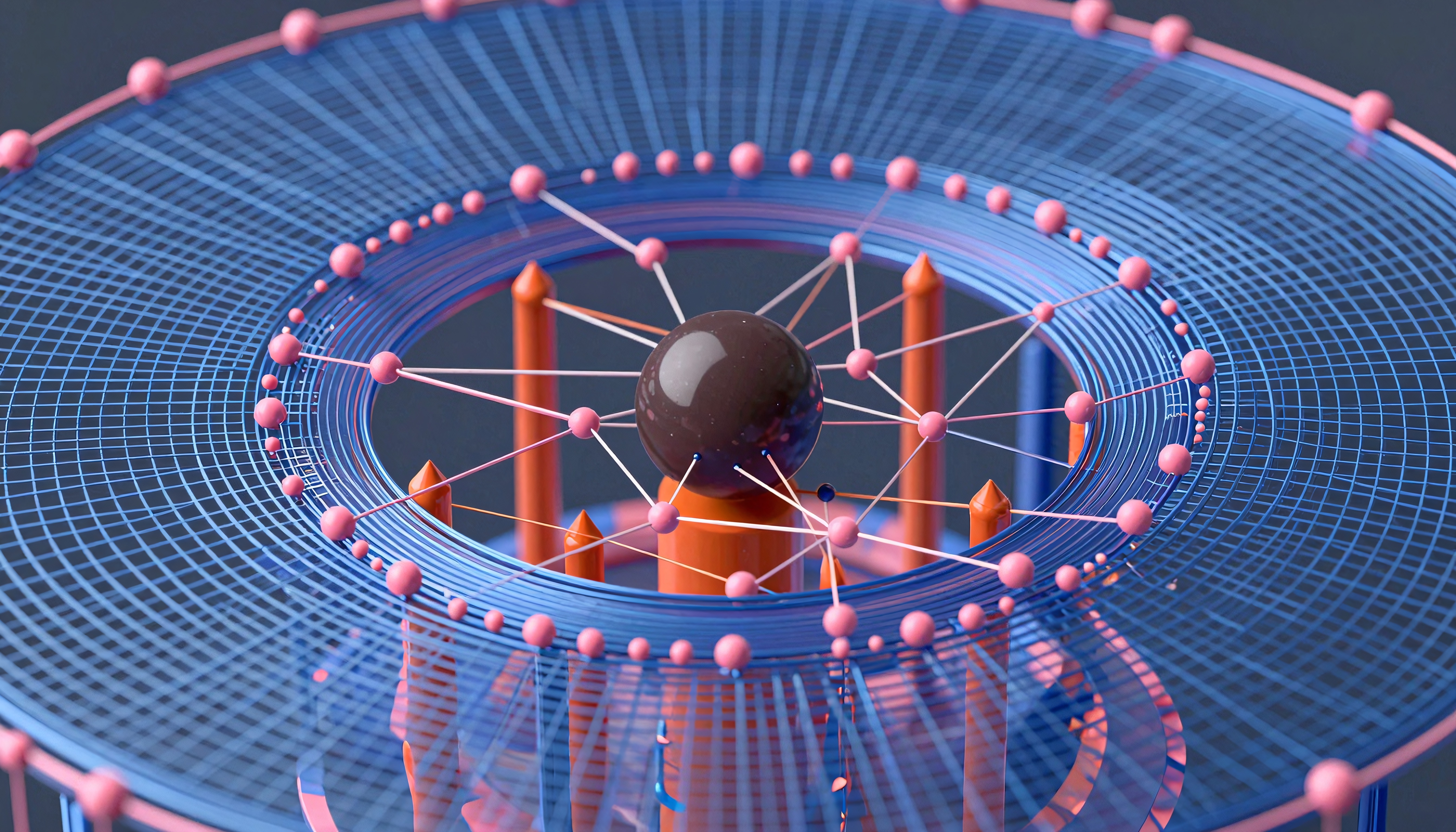 Abstract 3D design with spheres, grids, and lines in blue, pink, and orange.