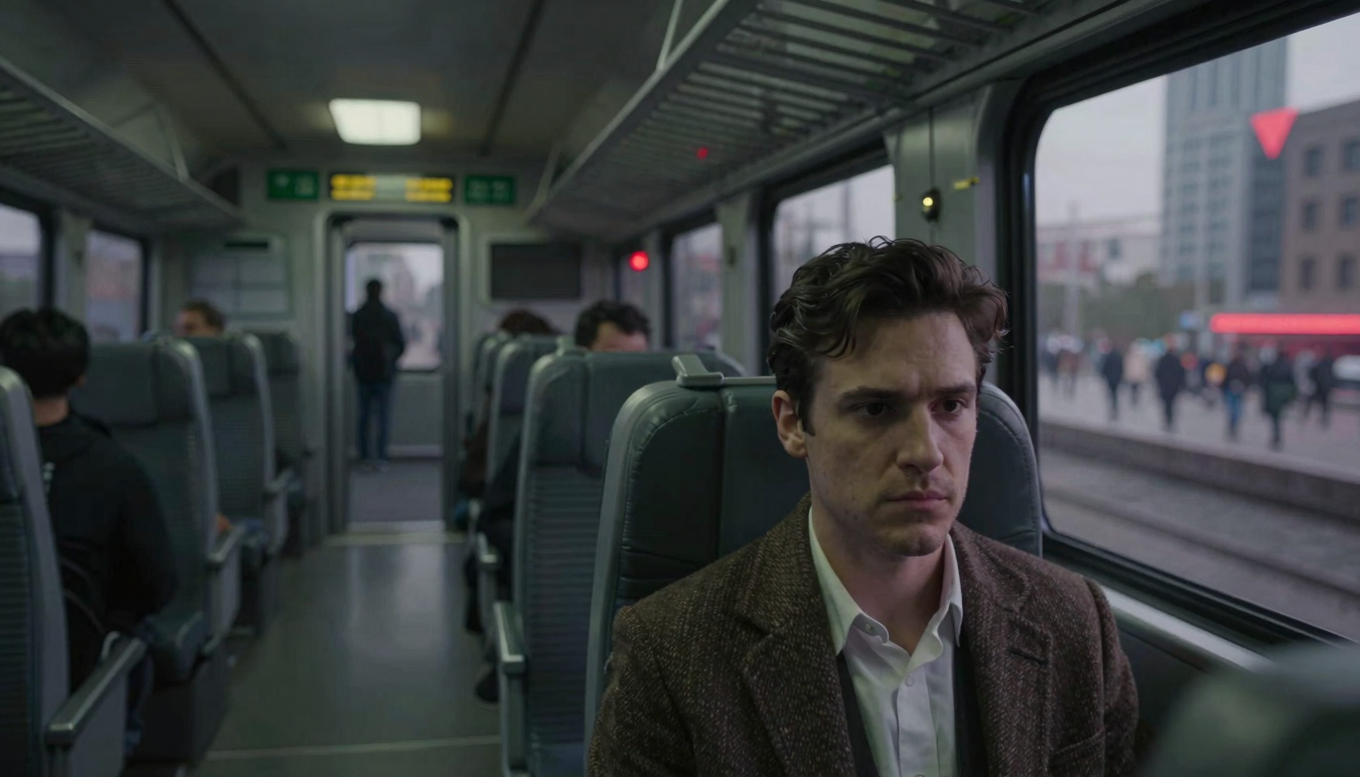 A thoughtful man sits on a train, gazing out.