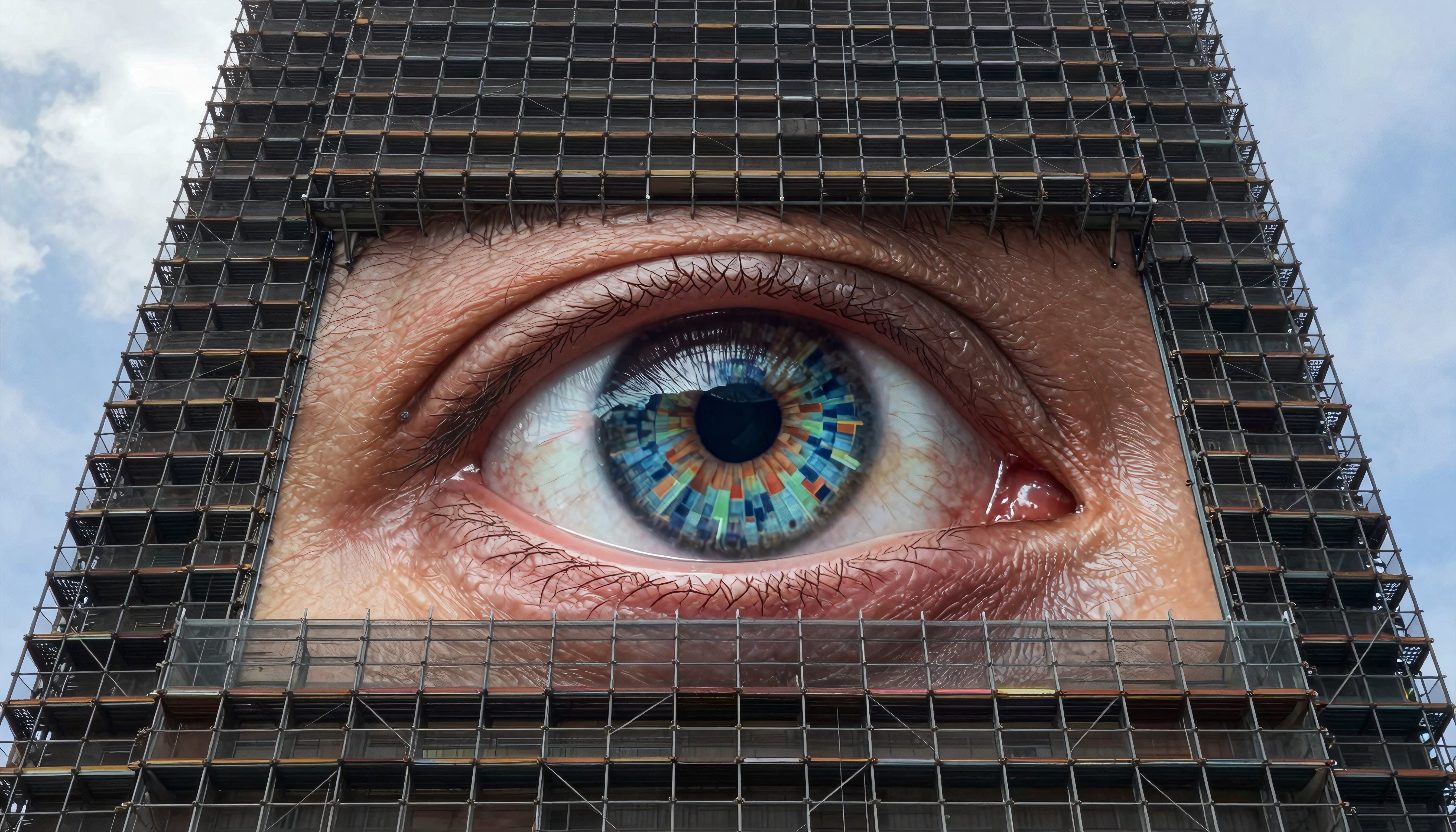 A massive eye art installation on a building facade surrounded by scaffolding.