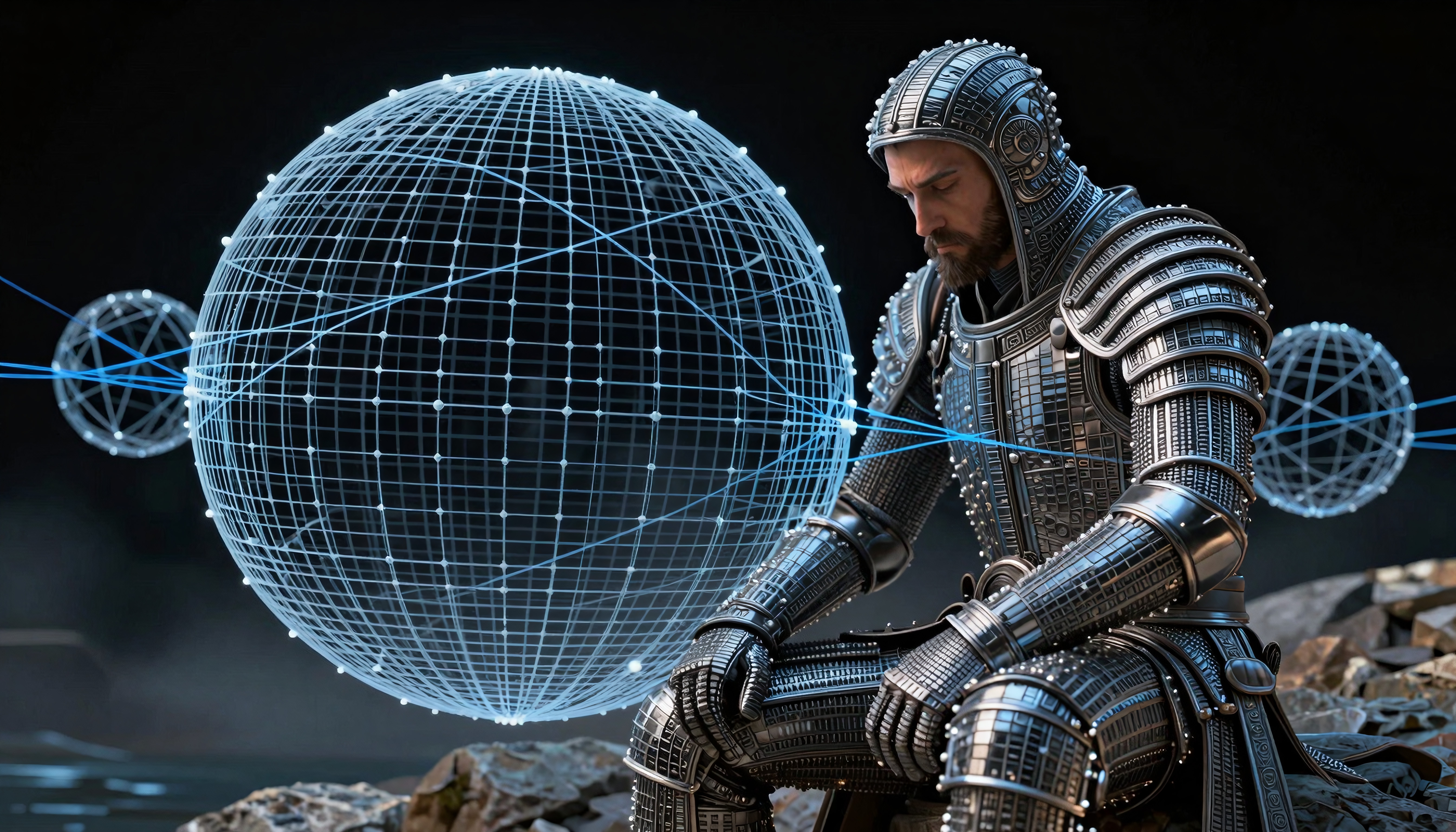 A futuristic knight in intricate armor contemplates beside floating, glowing spheres.