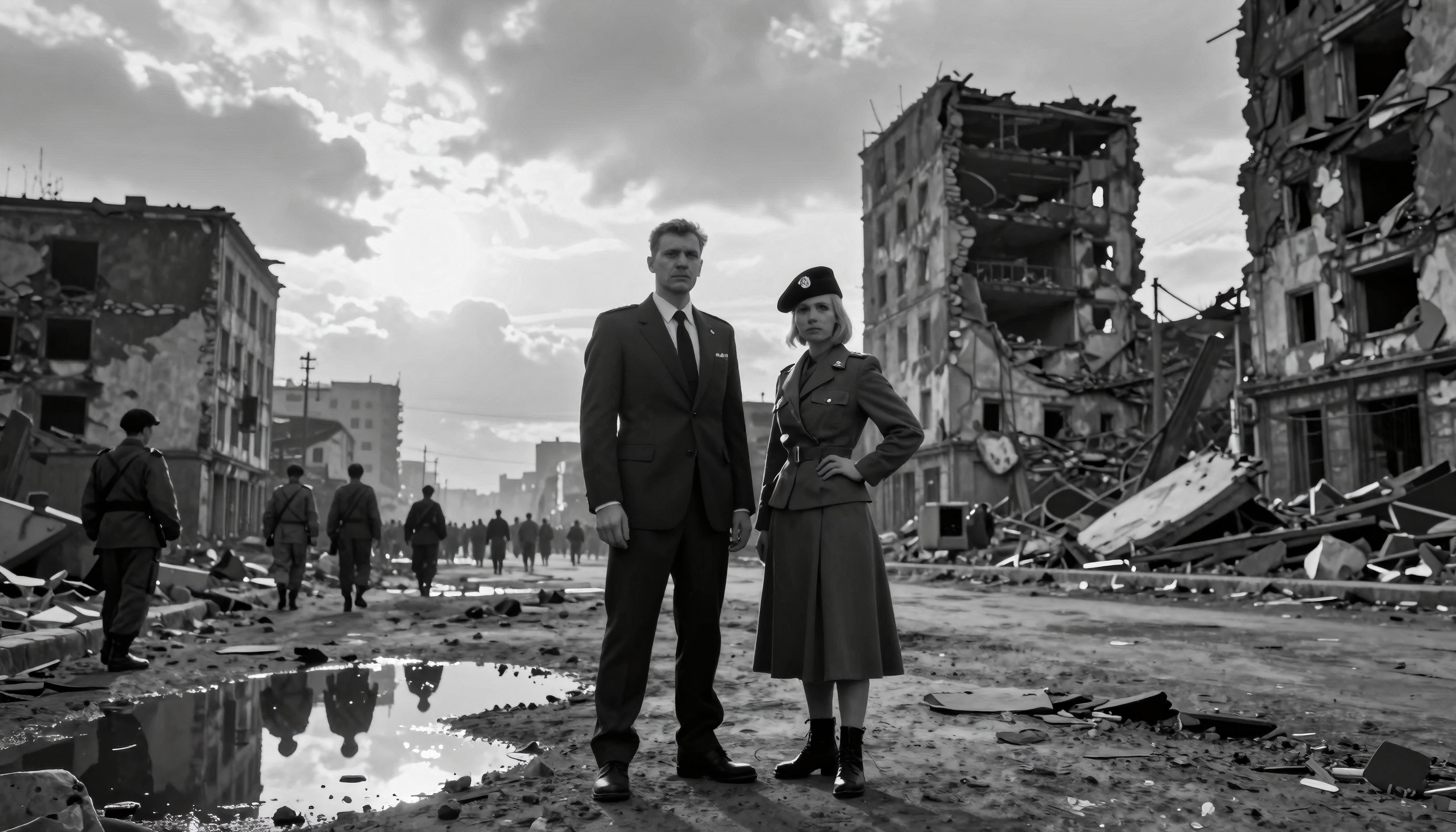 A man and woman stand amid war-torn ruins, symbolizing resilience.