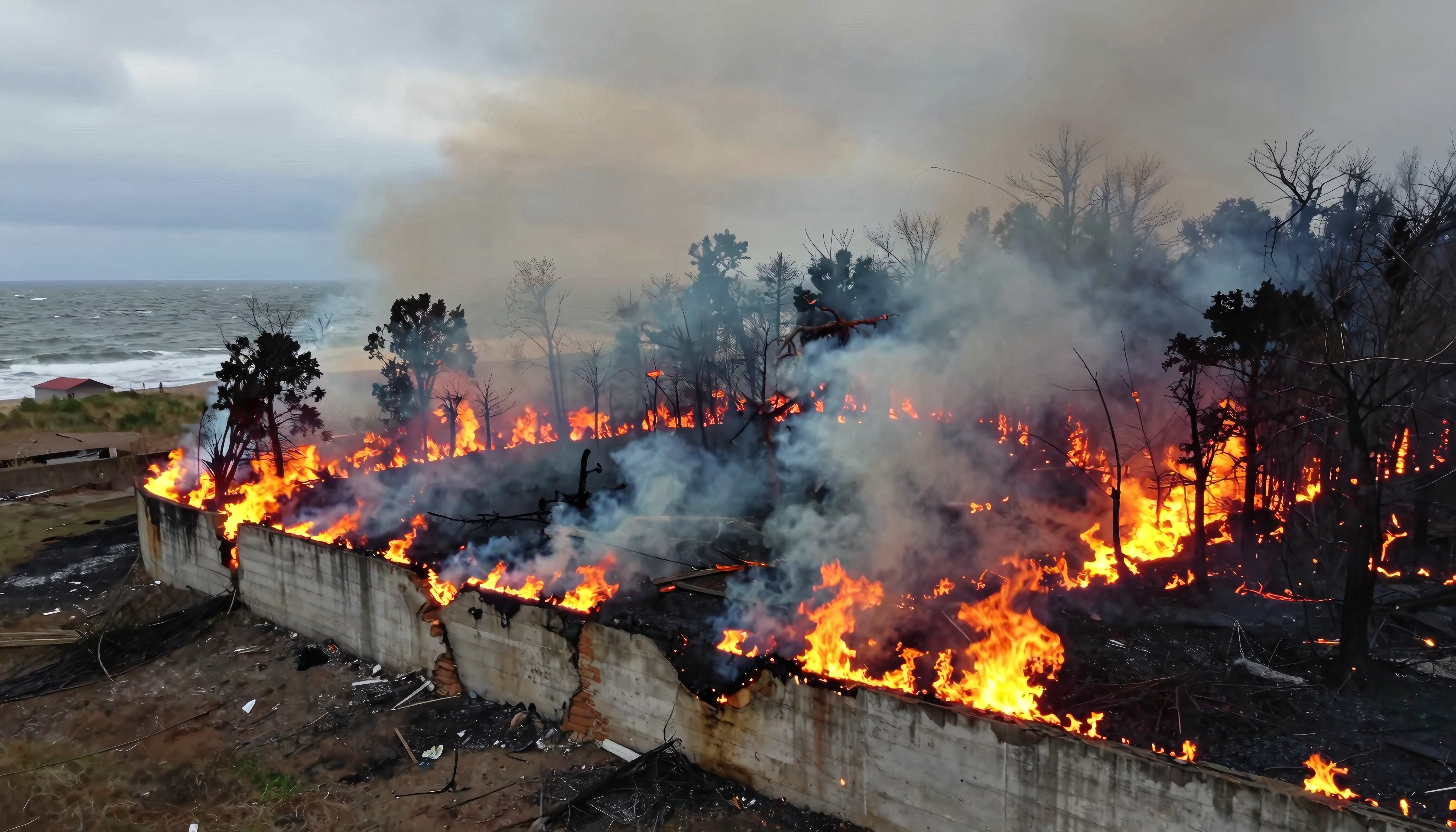 A fierce wildfire consumes a forest near the ocean, with flames and smoke rising dramatically.