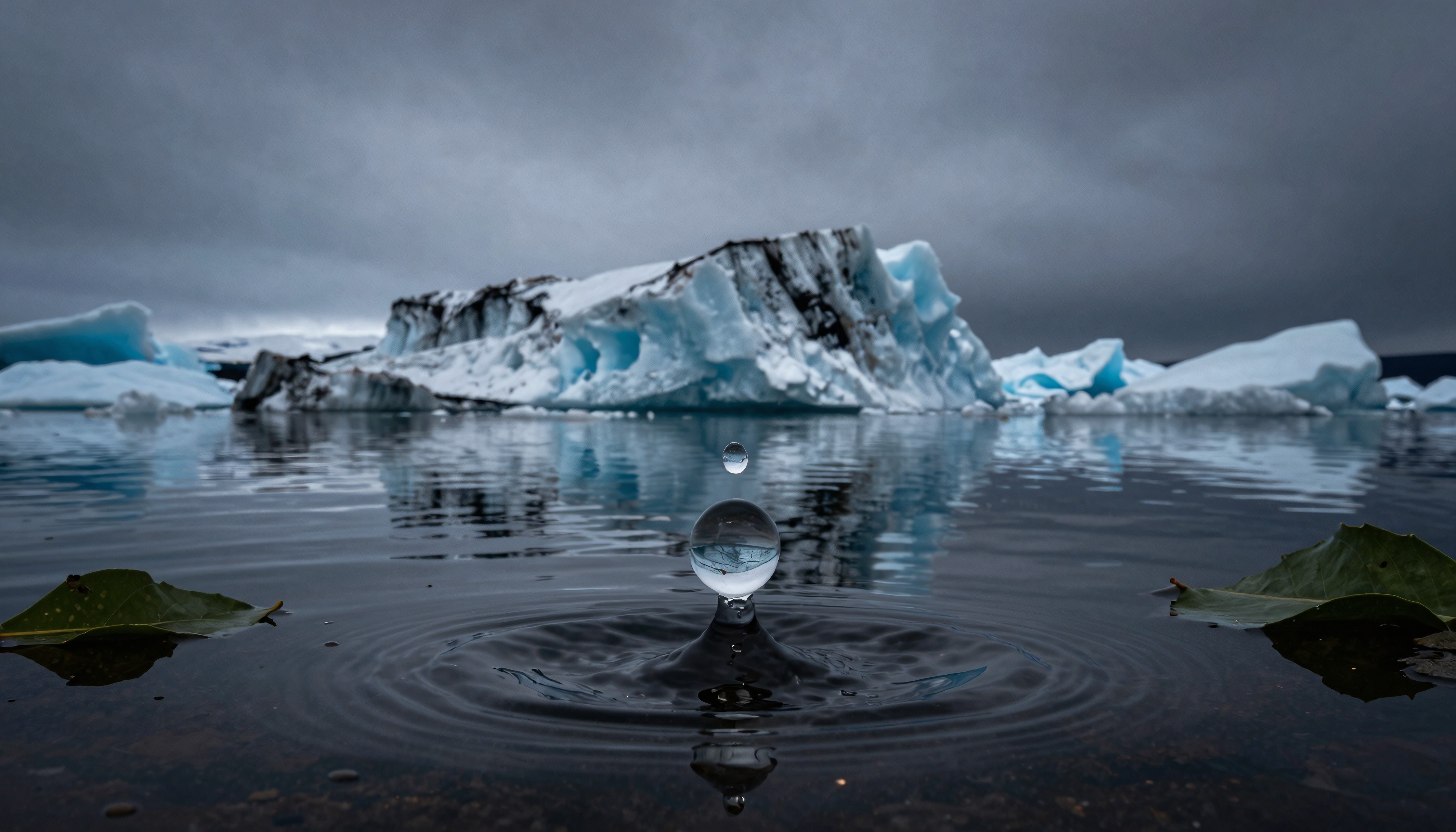 Serene water drop above icy reflections amidst cold icebergs.