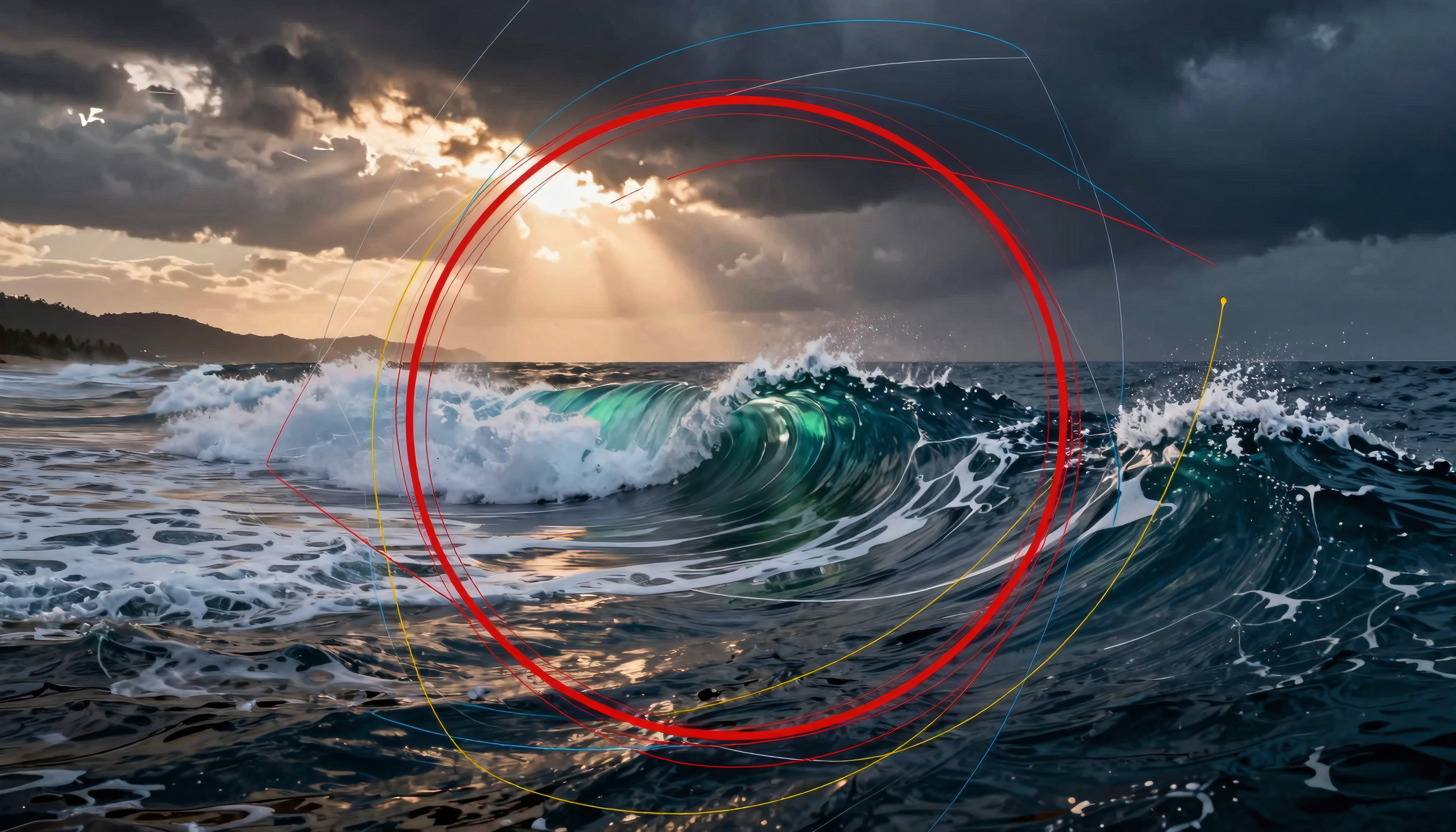 A powerful wave crashes under a golden sunset with artistic geometric lines and circles overlaying.