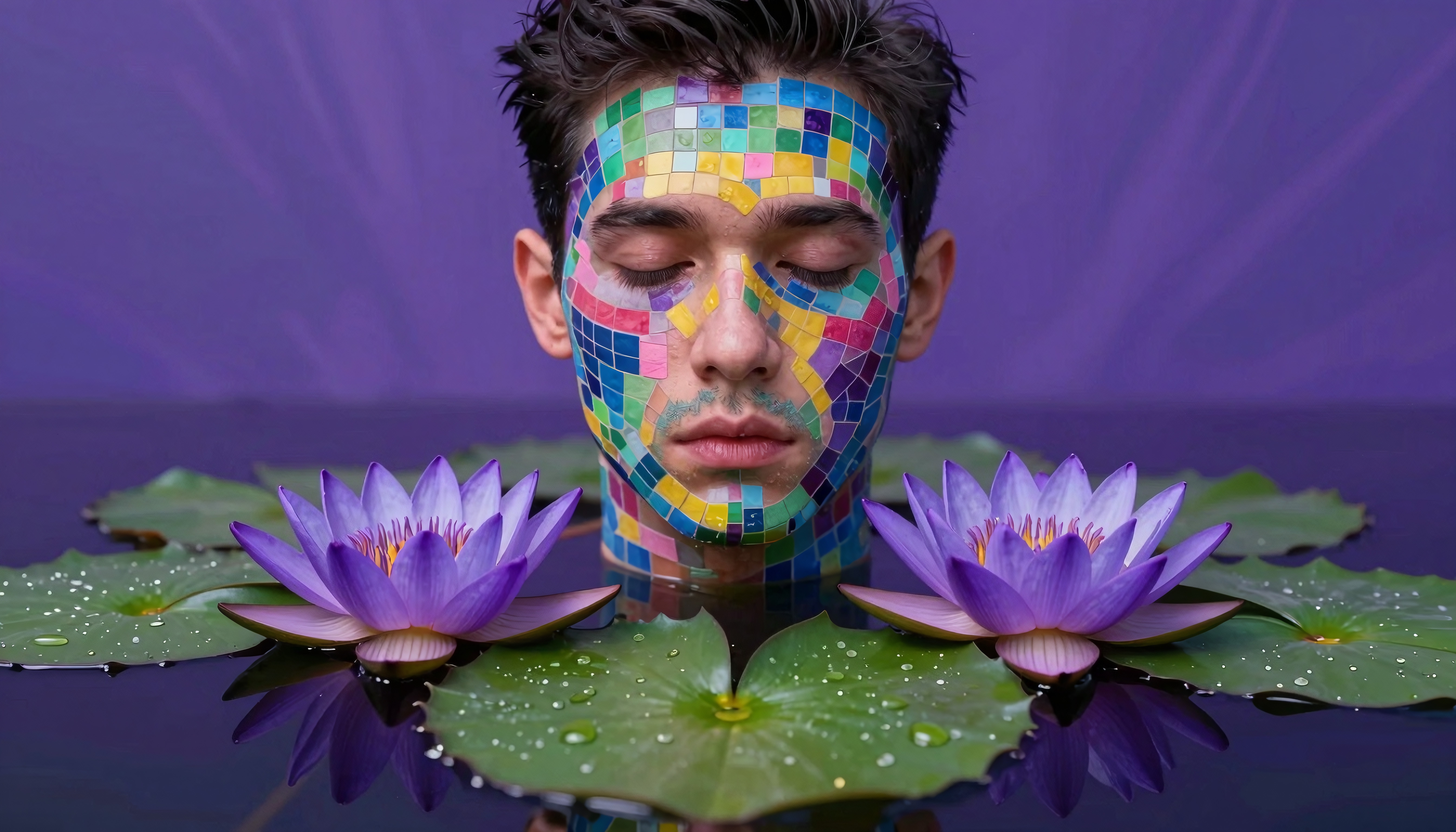 A person with a colorful mosaic face surrounded by purple water lilies on a serene water surface.