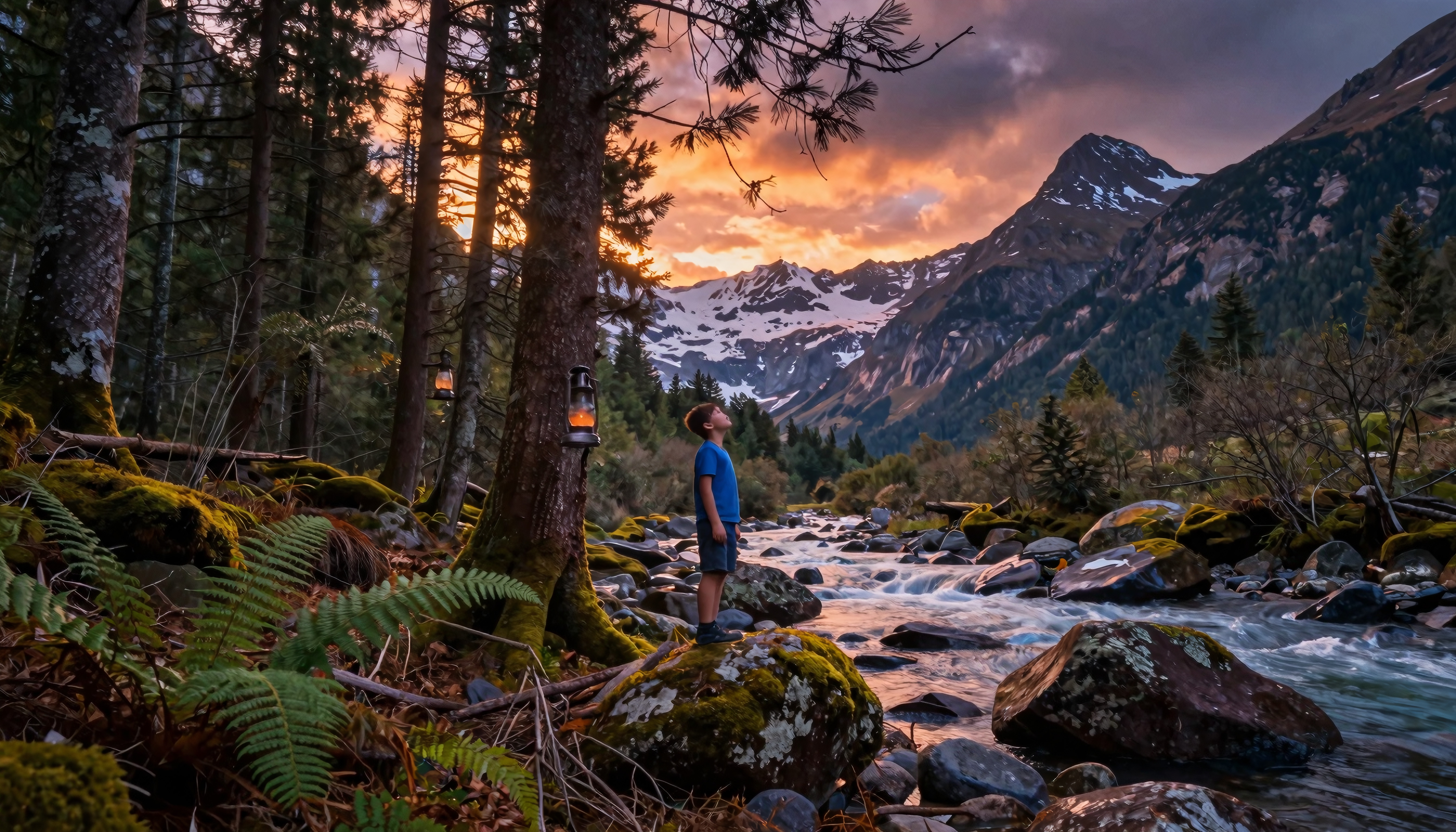 Boy standing on rock by a river at sunset, surrounded by forest and snowy mountains.