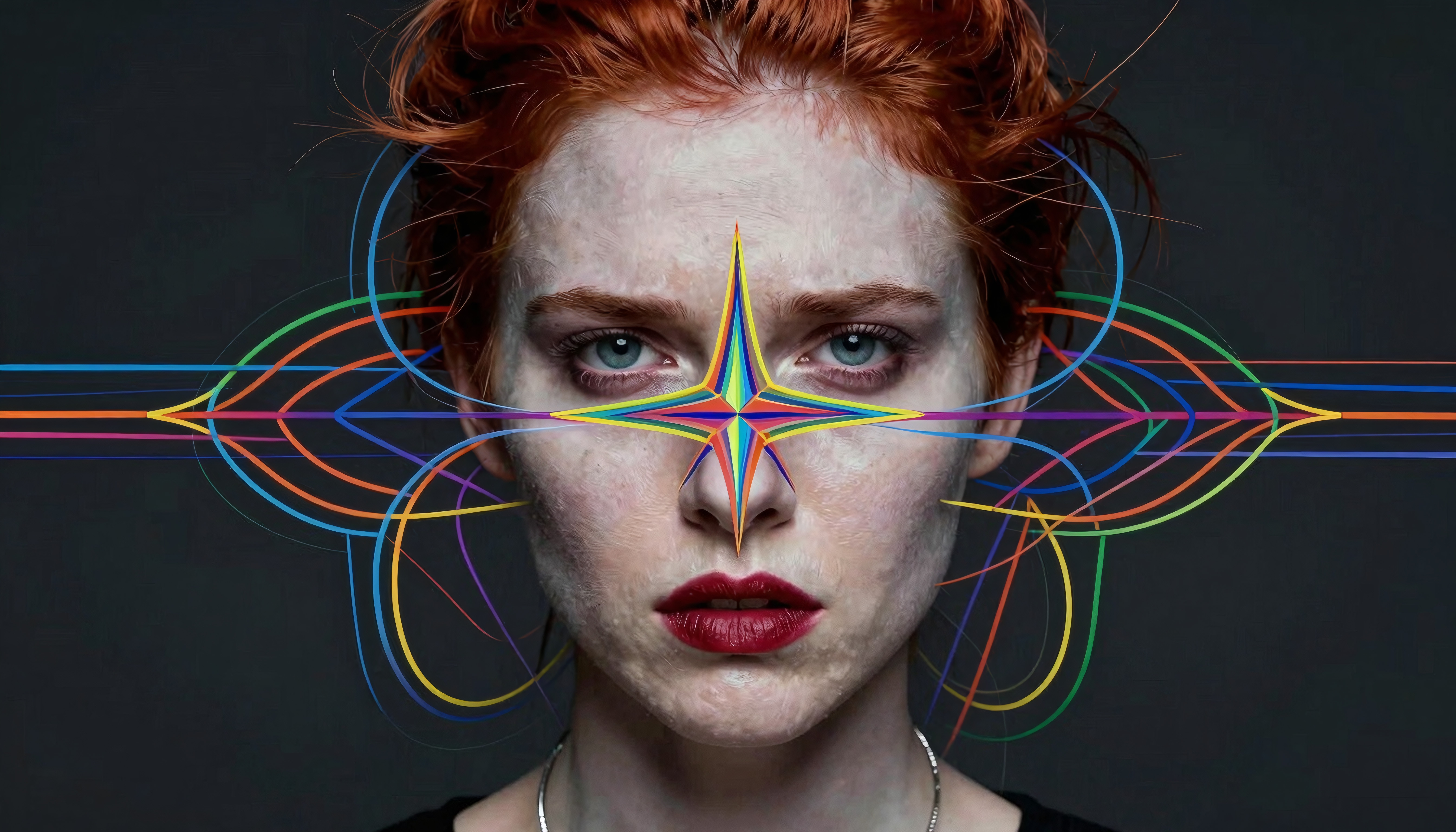 A person with bright red hair and intricate multicolored geometric patterns on their face against a dark backdrop.