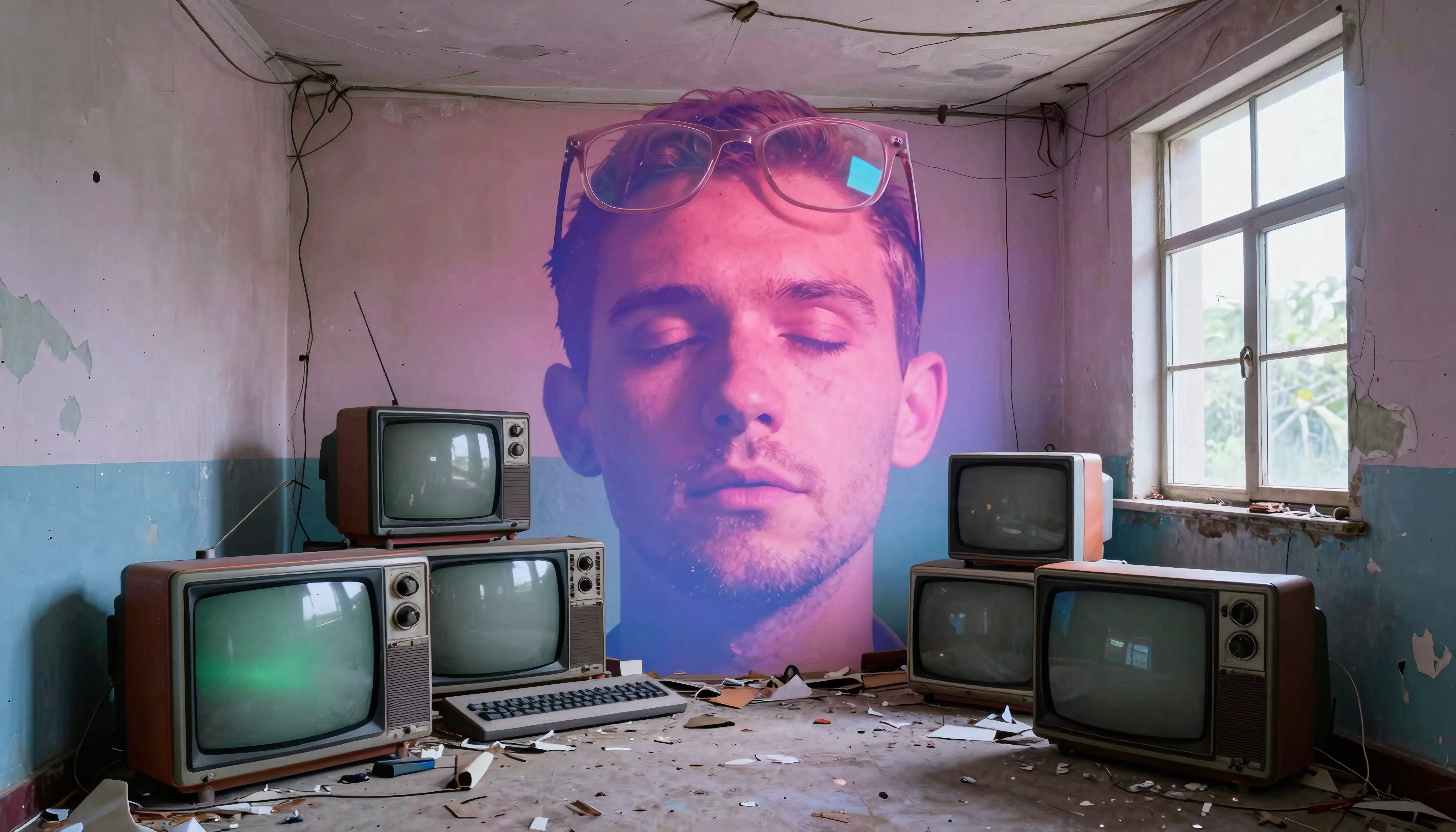 An abandoned room with vintage TVs and a projected contemplative face.