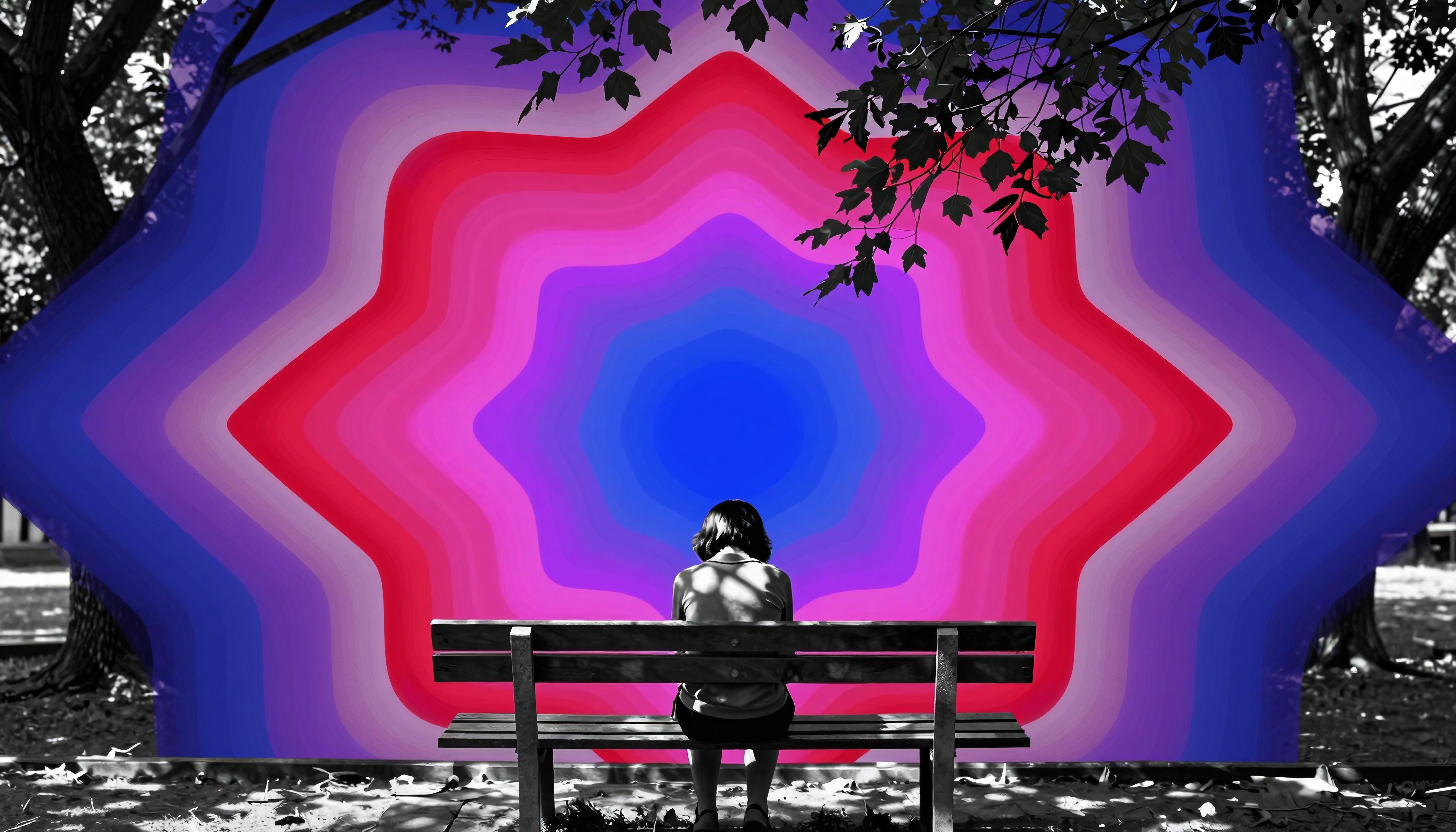 A person sits on a bench before a vibrant, colorful abstract backdrop in a park.