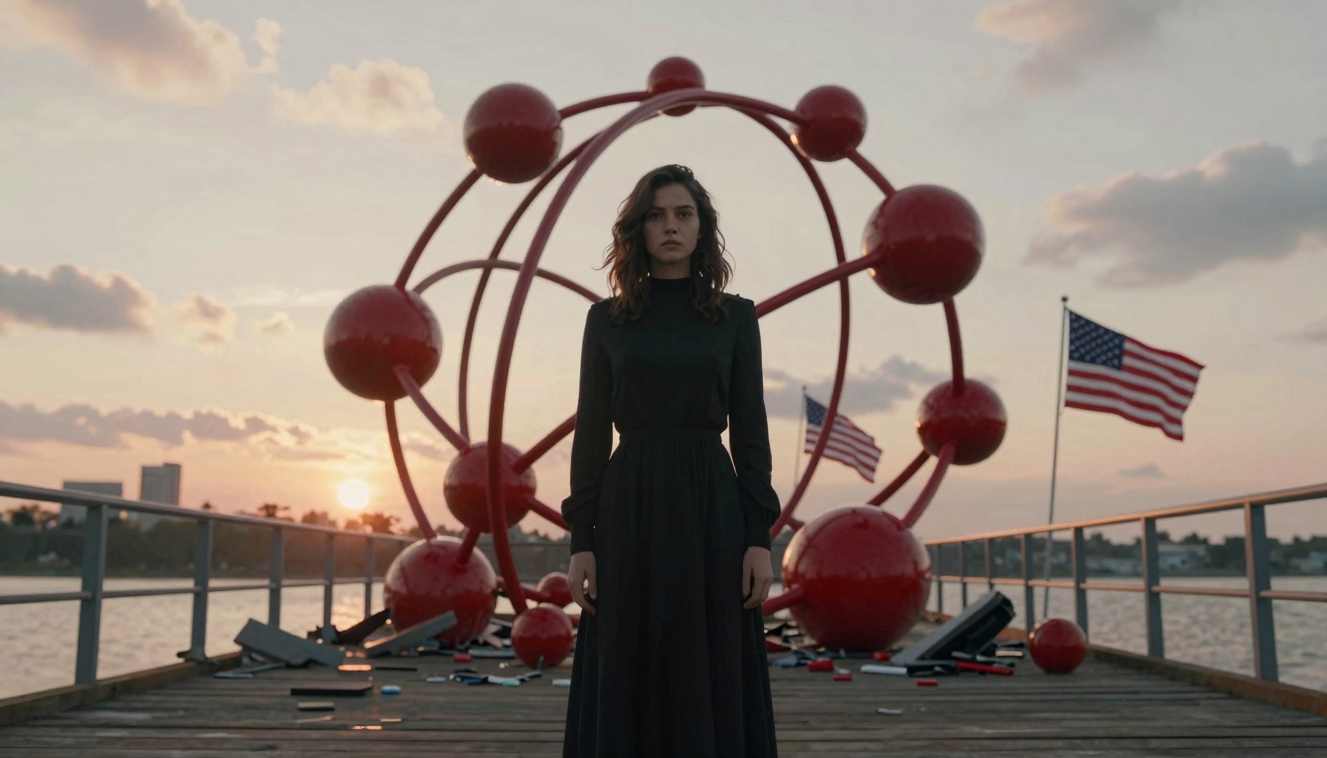 A woman in a black dress stands on a dock with a large red abstract sculpture; sunset and American flags in the background.