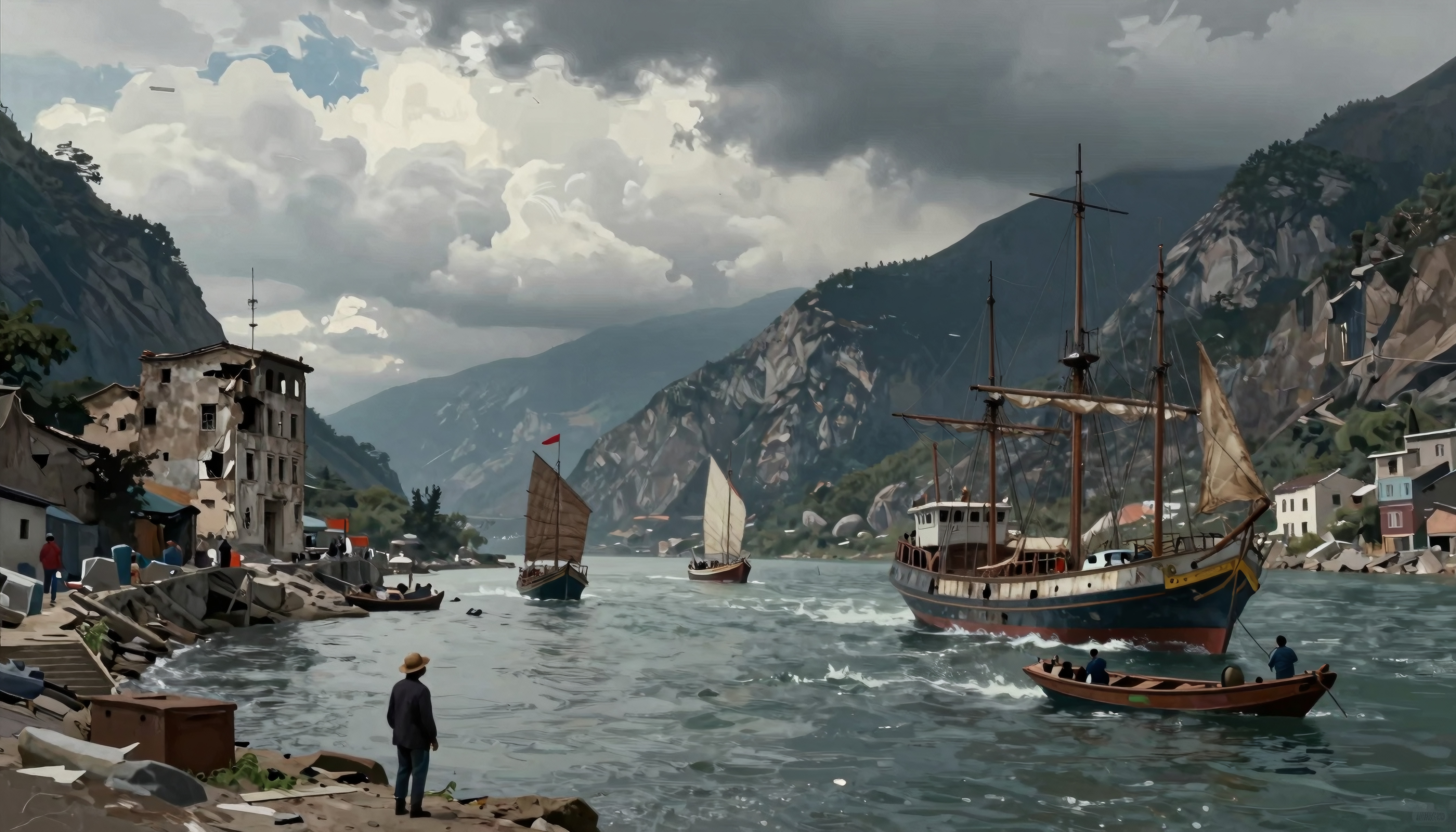 A bustling harbor scene with boats and mountains under dramatic clouds.