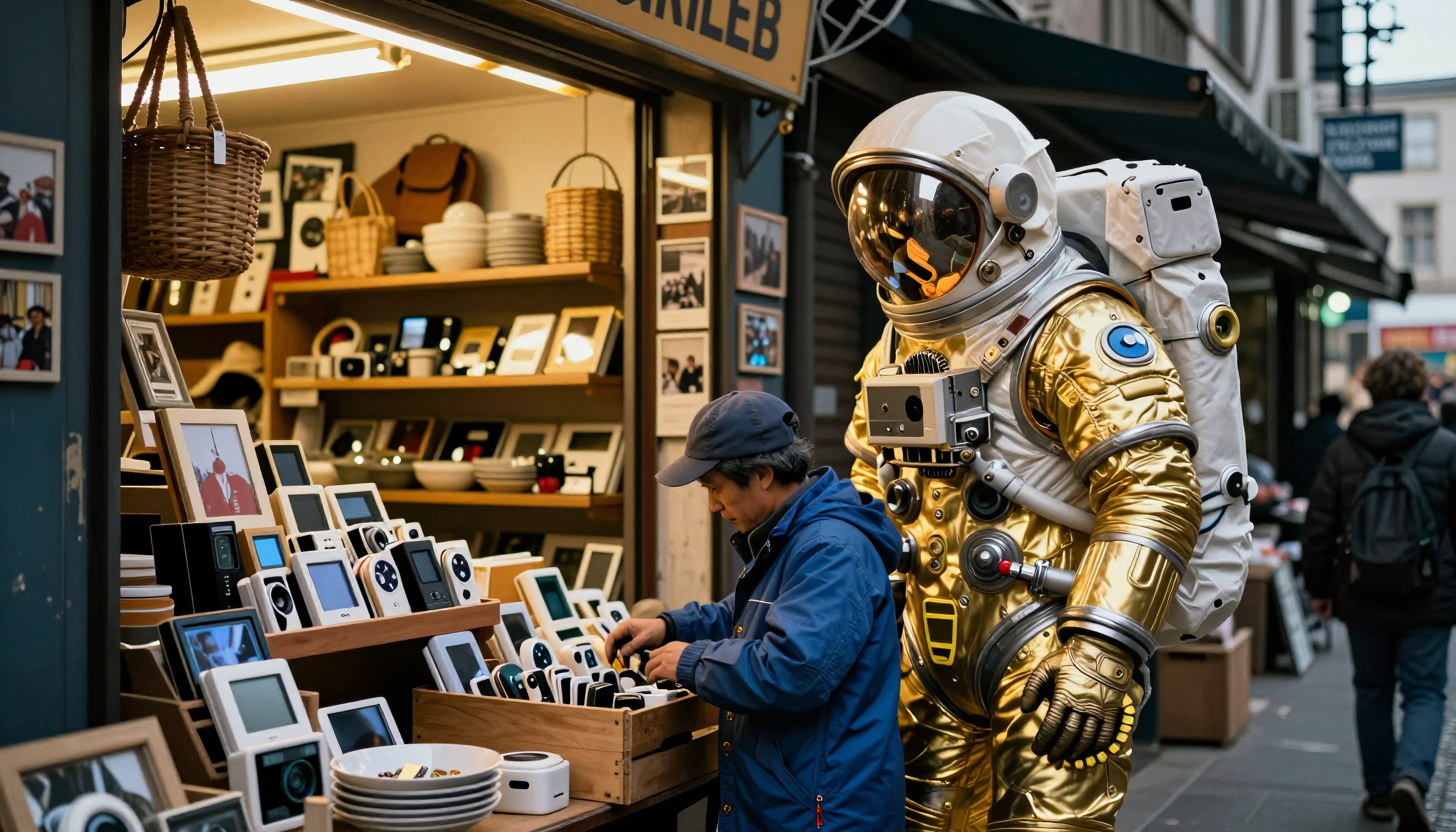 Astronaut in gold suit beside vintage camera shop on urban stree