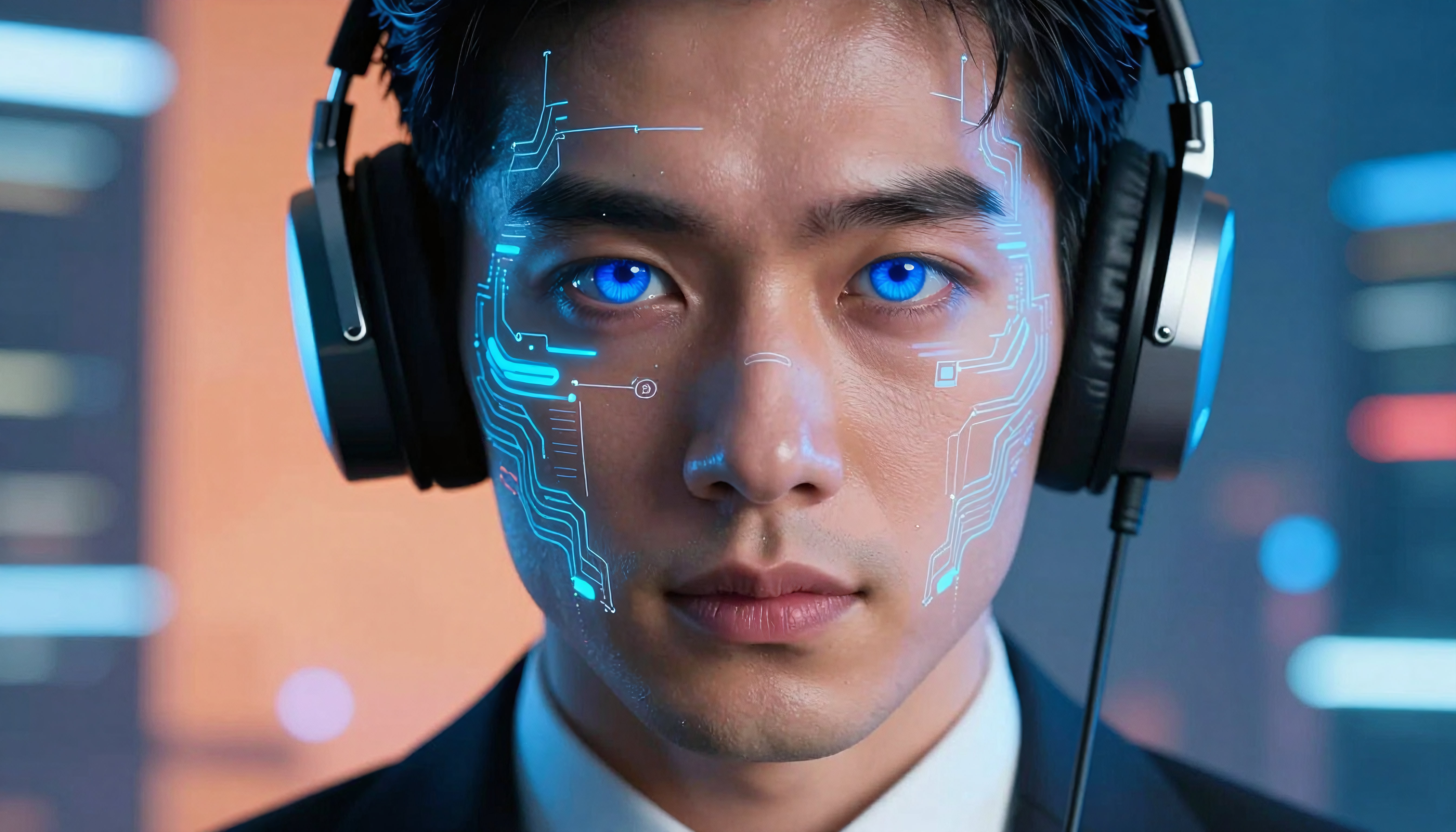 Business Professional with Cybernetic Headphones and Digital Cir
