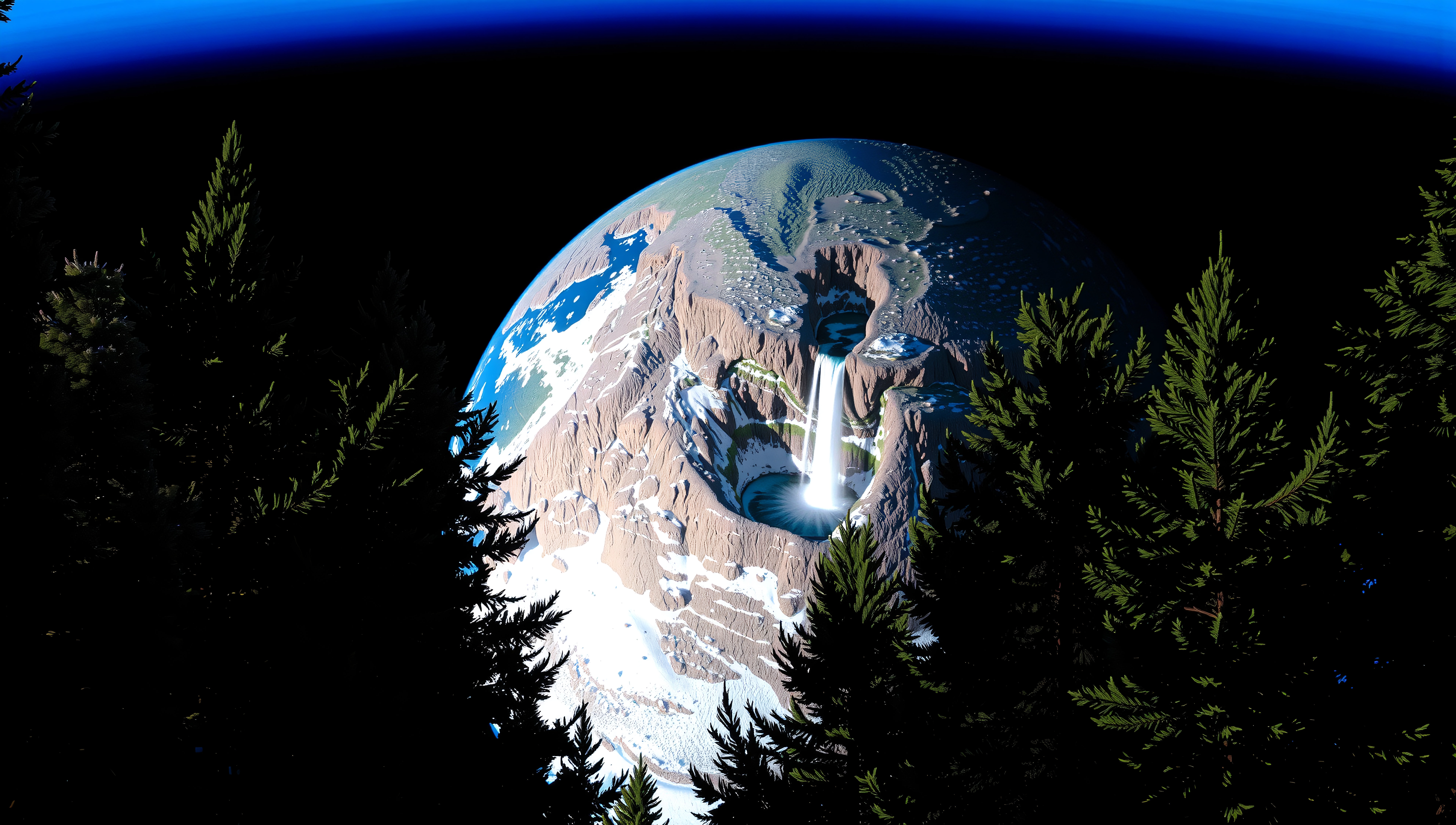 Image of an alien planet with a massive waterfall cascading into a crater, framed by dark silhouette of pine trees, under a deep blue and black sky.