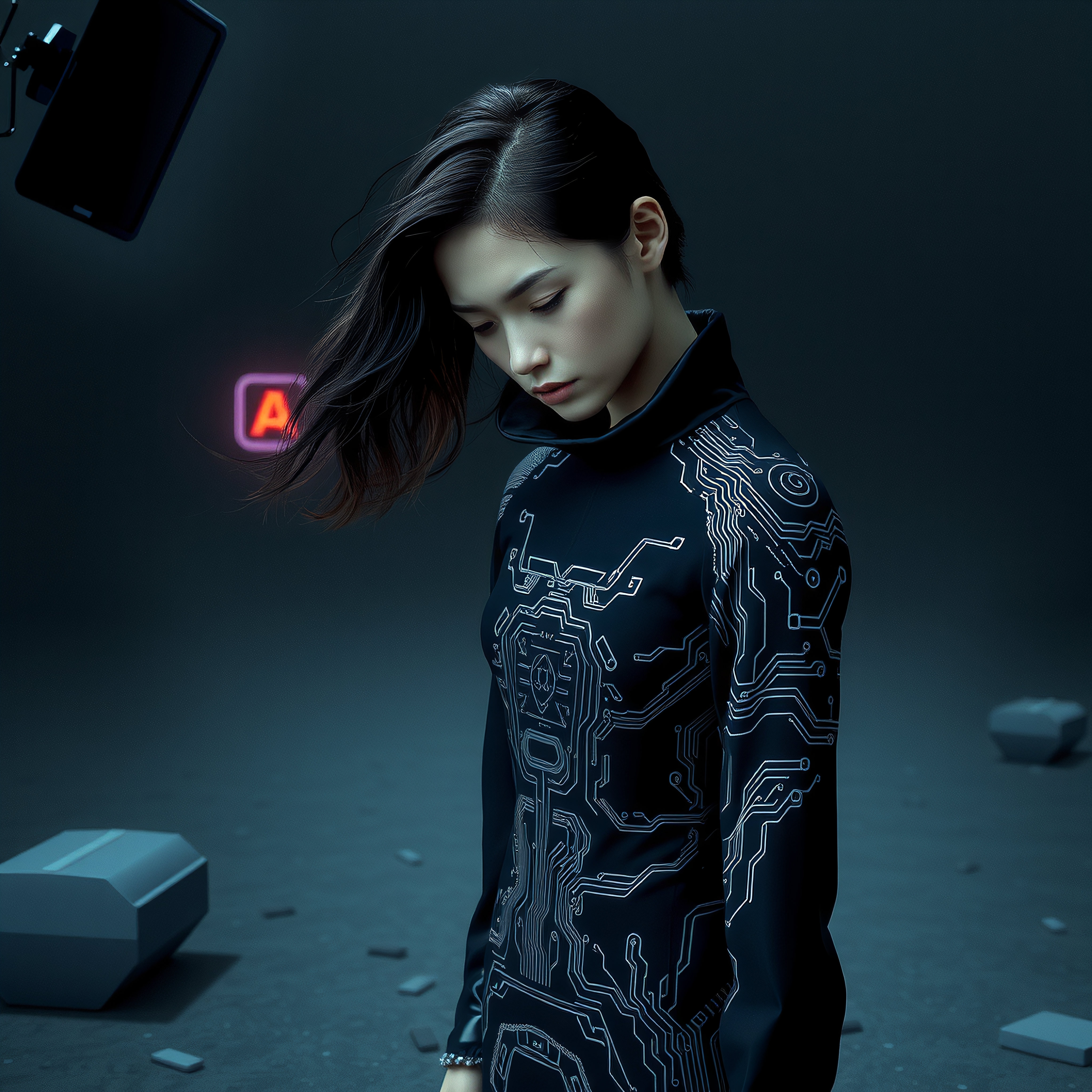 A woman in futuristic attire with circuit patterns stands in a moody, tech-inspired setting, illuminated by a neon sign.