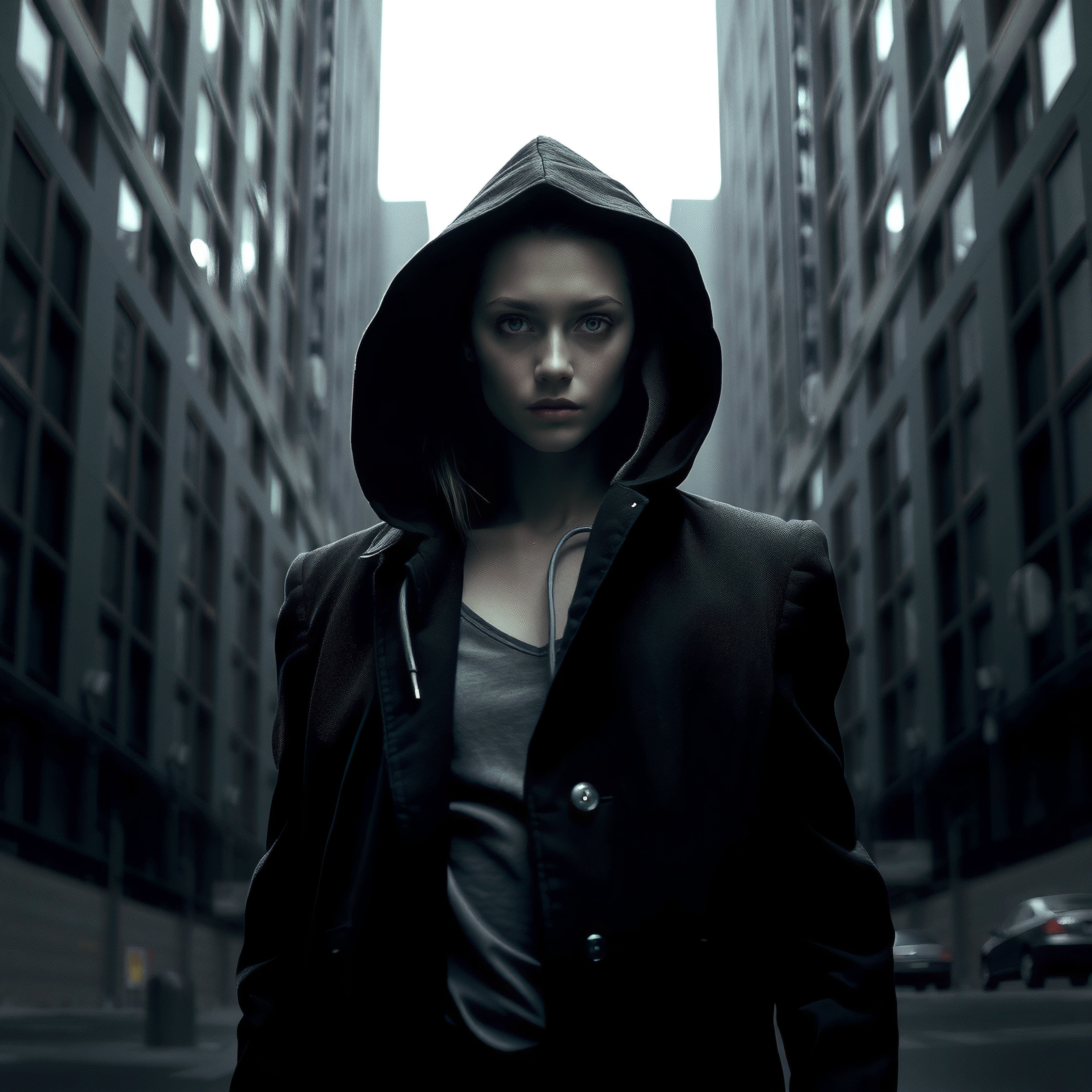 Woman in hoodie standing alone in dim urban alleyway looking directly at camera with intense gaze
