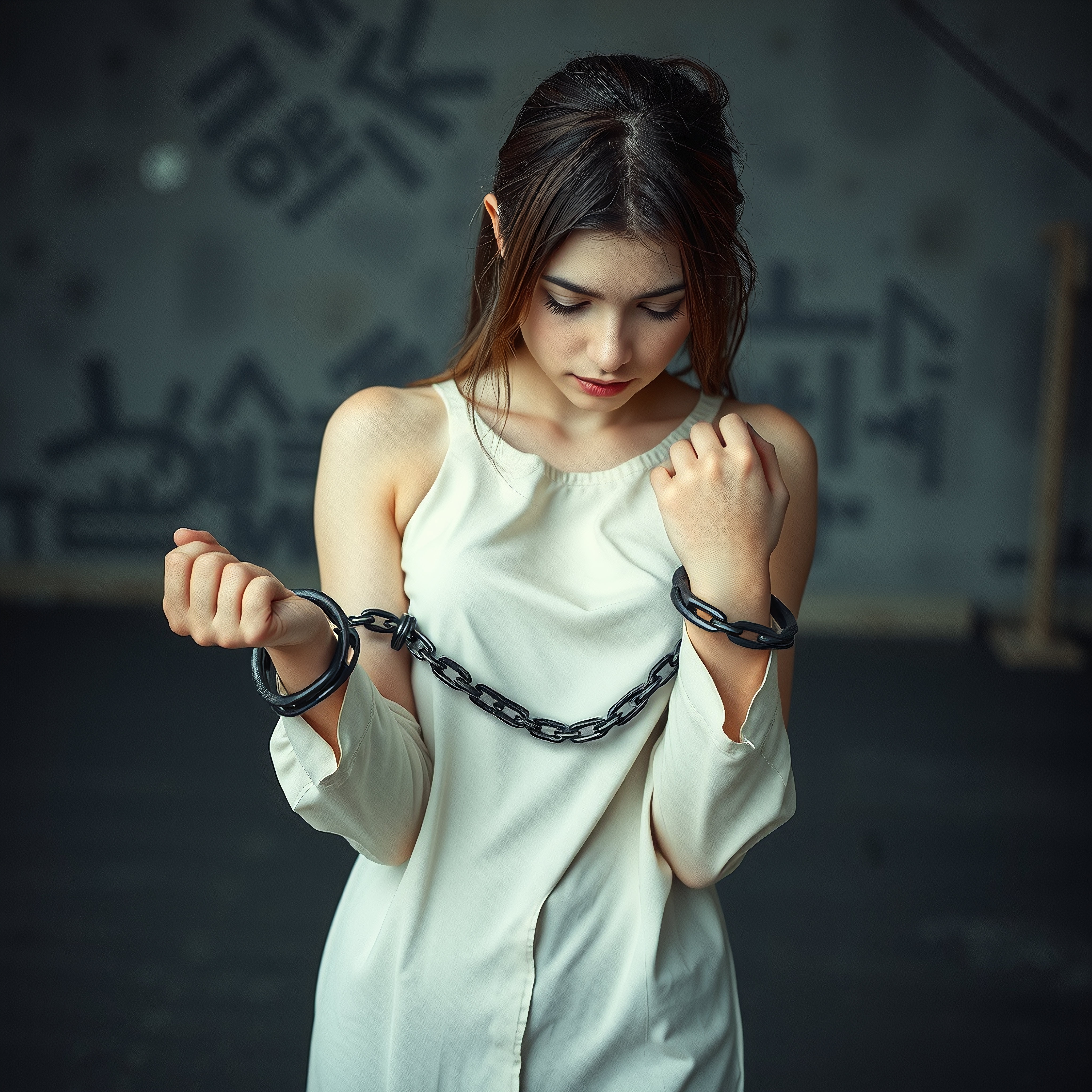 Young woman in white dress with chains, dark urban graffiti background.