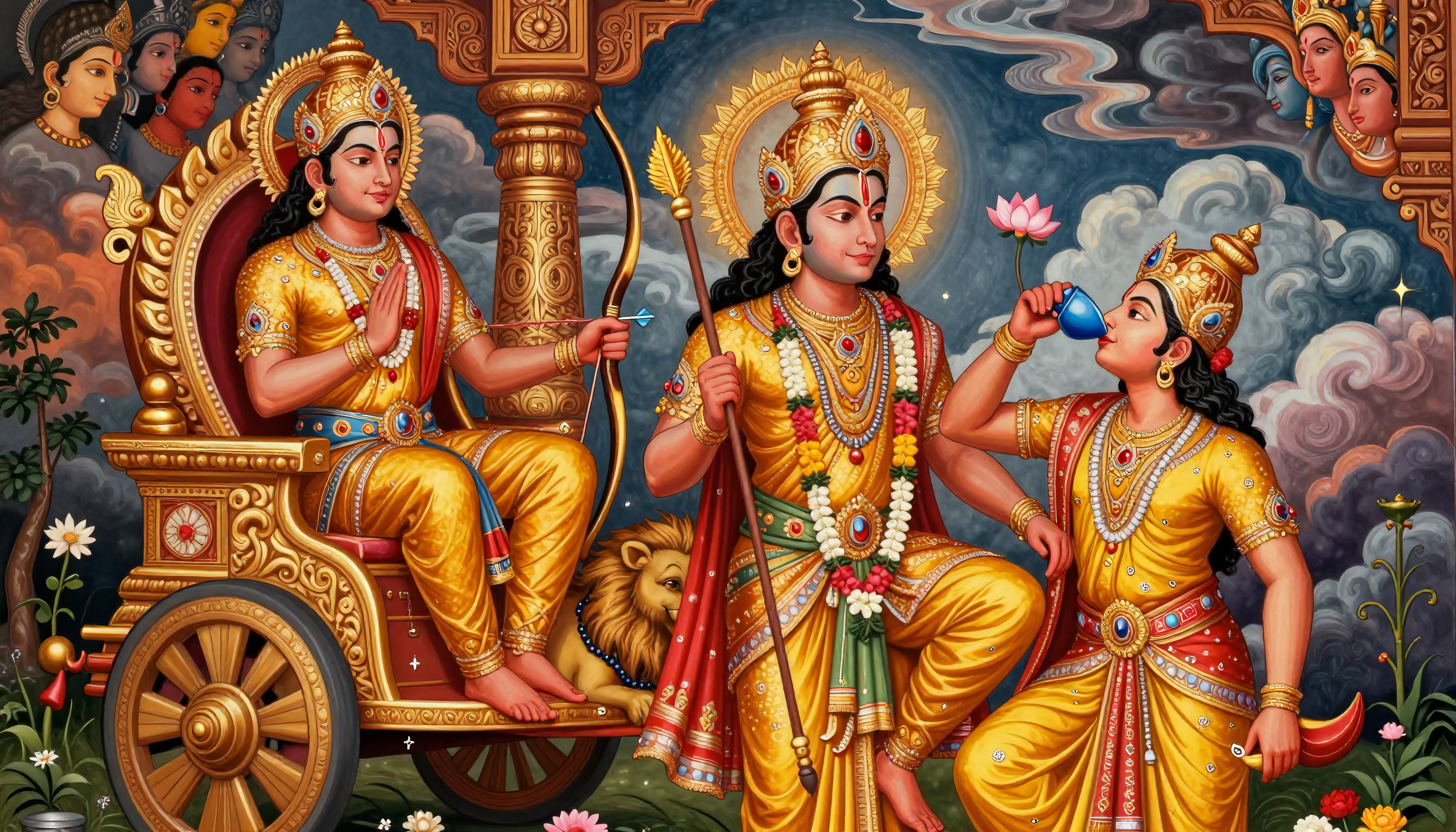 Hindu Deities in Mythological Scene: Divine Art and Religious Ic