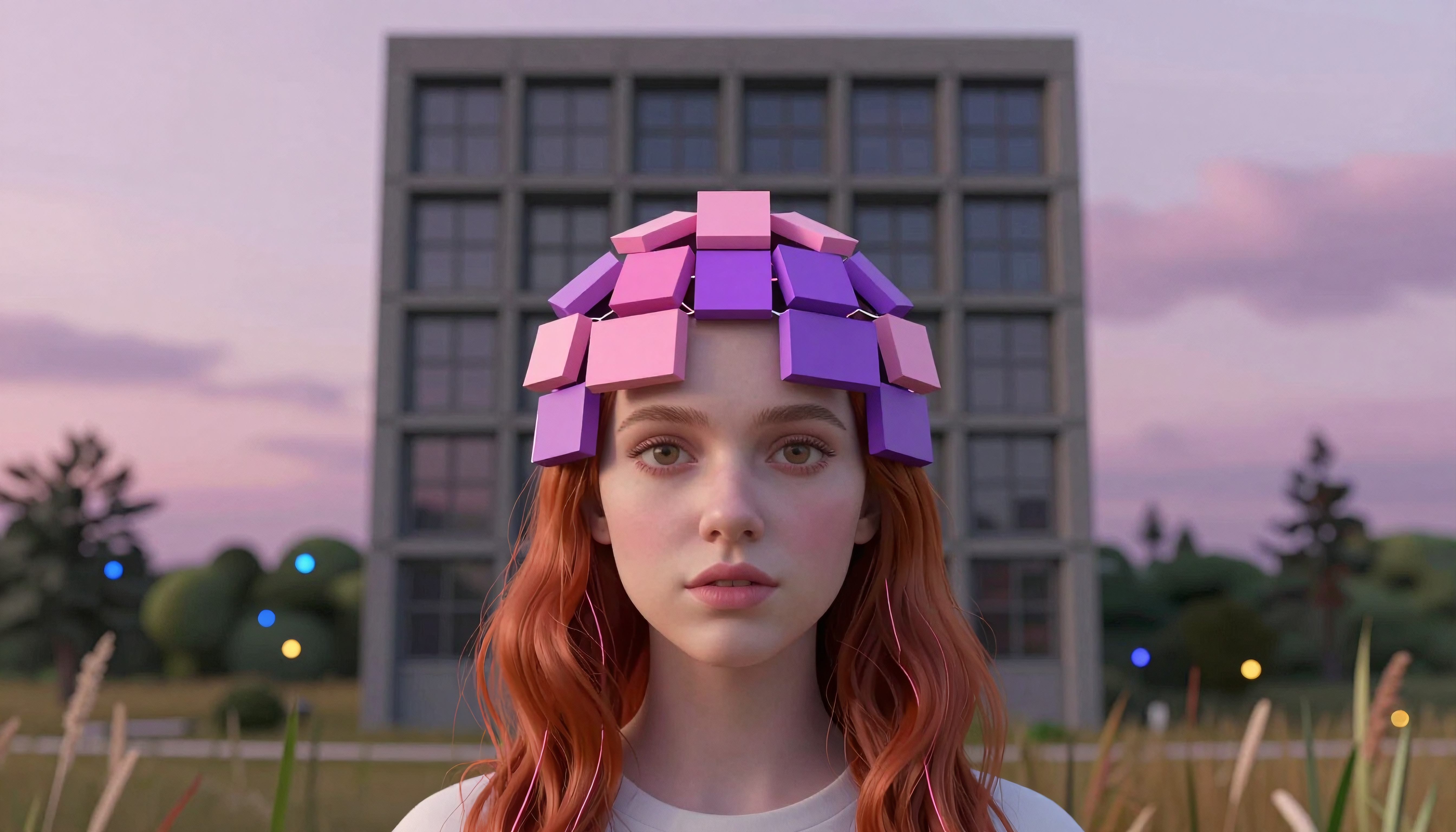 A young woman with futuristic headgear amidst a modern sunset landscape.