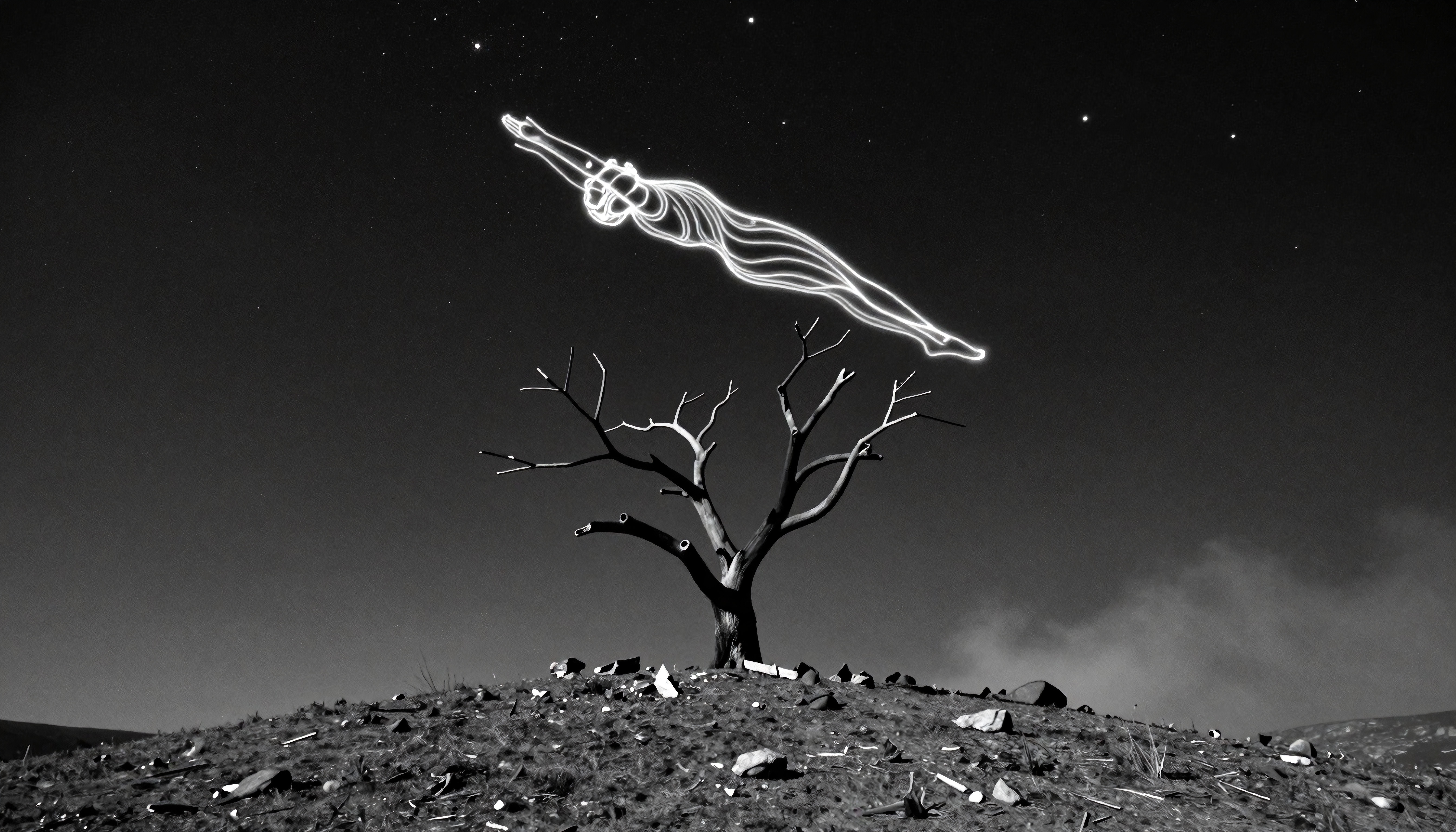 A barren tree under a starry night sky with a glowing outline of a diving figure adds a surreal touch to the black and white landscape.