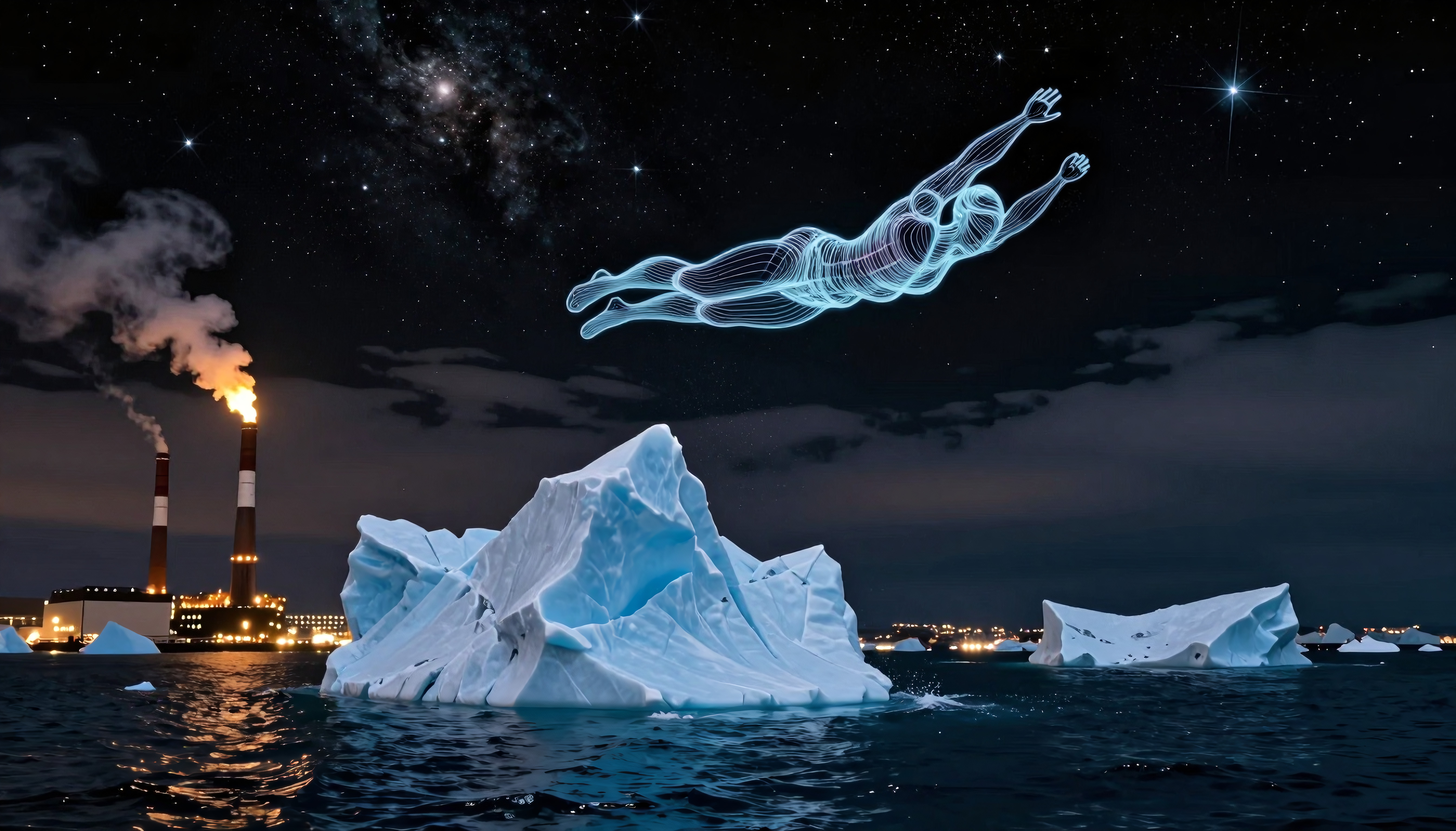 Glowing humanoid flying over Arctic icebergs amid polluted skies and factory smog – eco-art piece conveying climate emergency