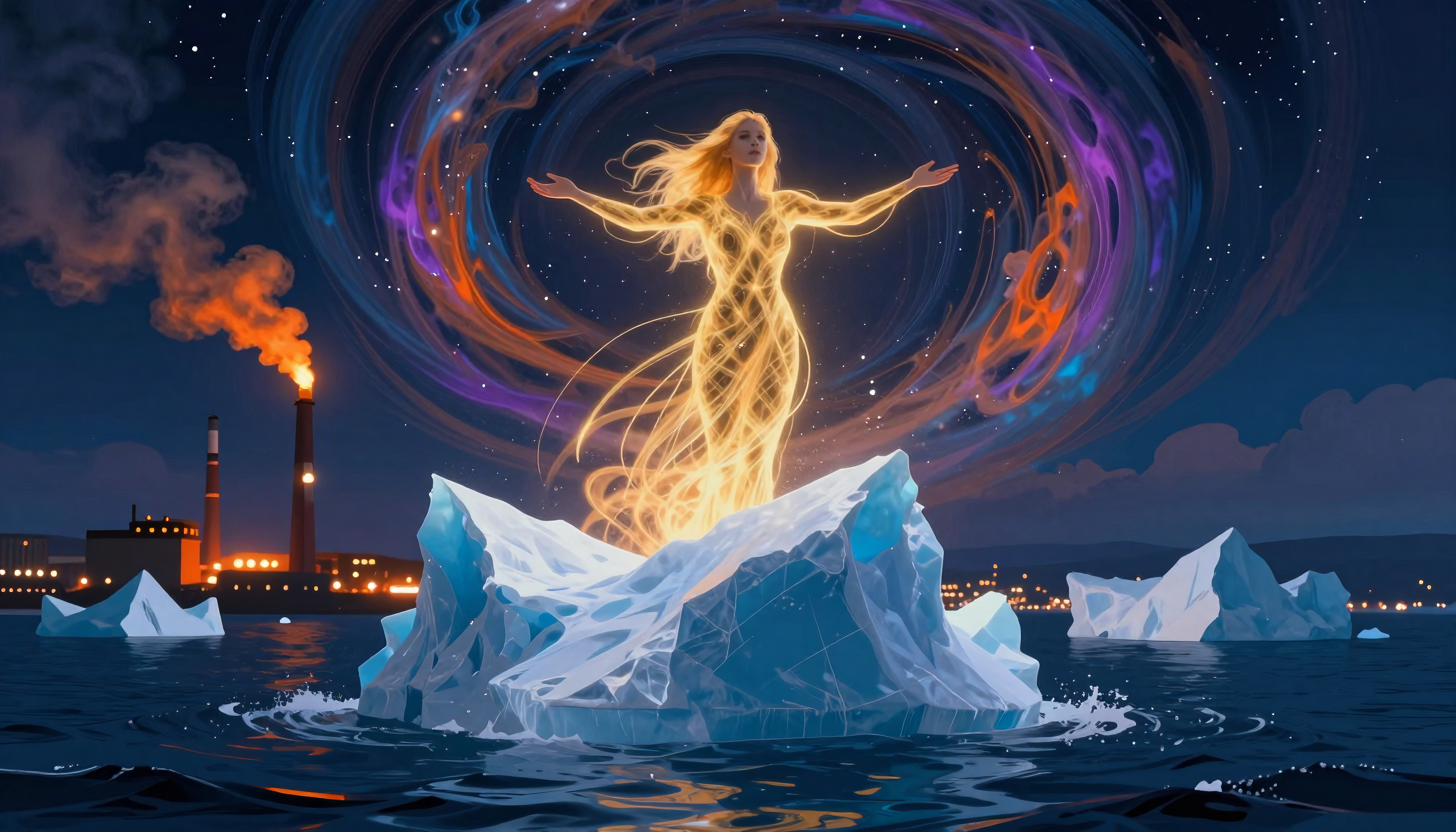 Goddess standing on floating glacier under magical aurora during nighttime near polluted cityscape