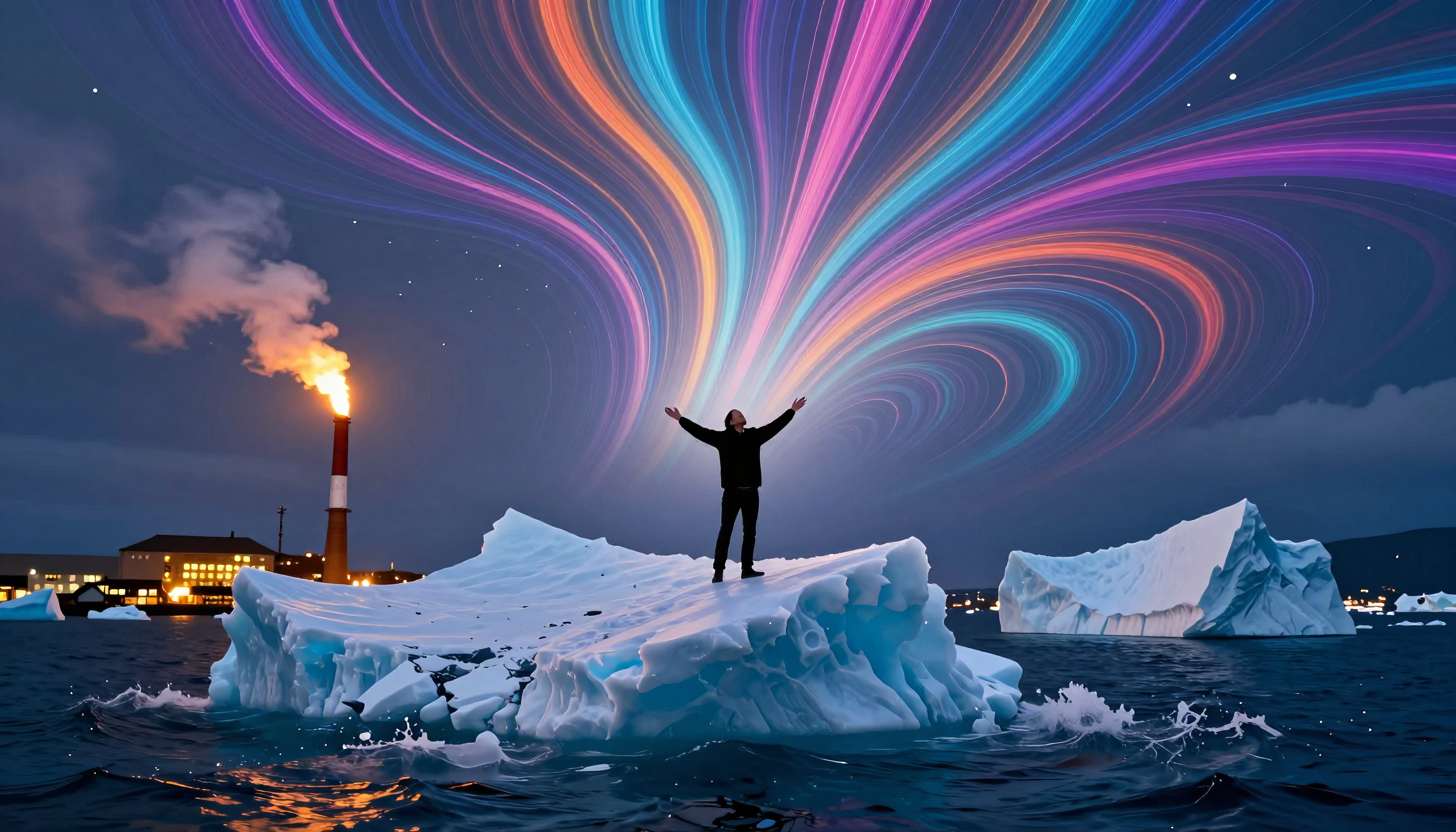 Aurora Borealis Over Arctic Iceberg with Silhouette Figure