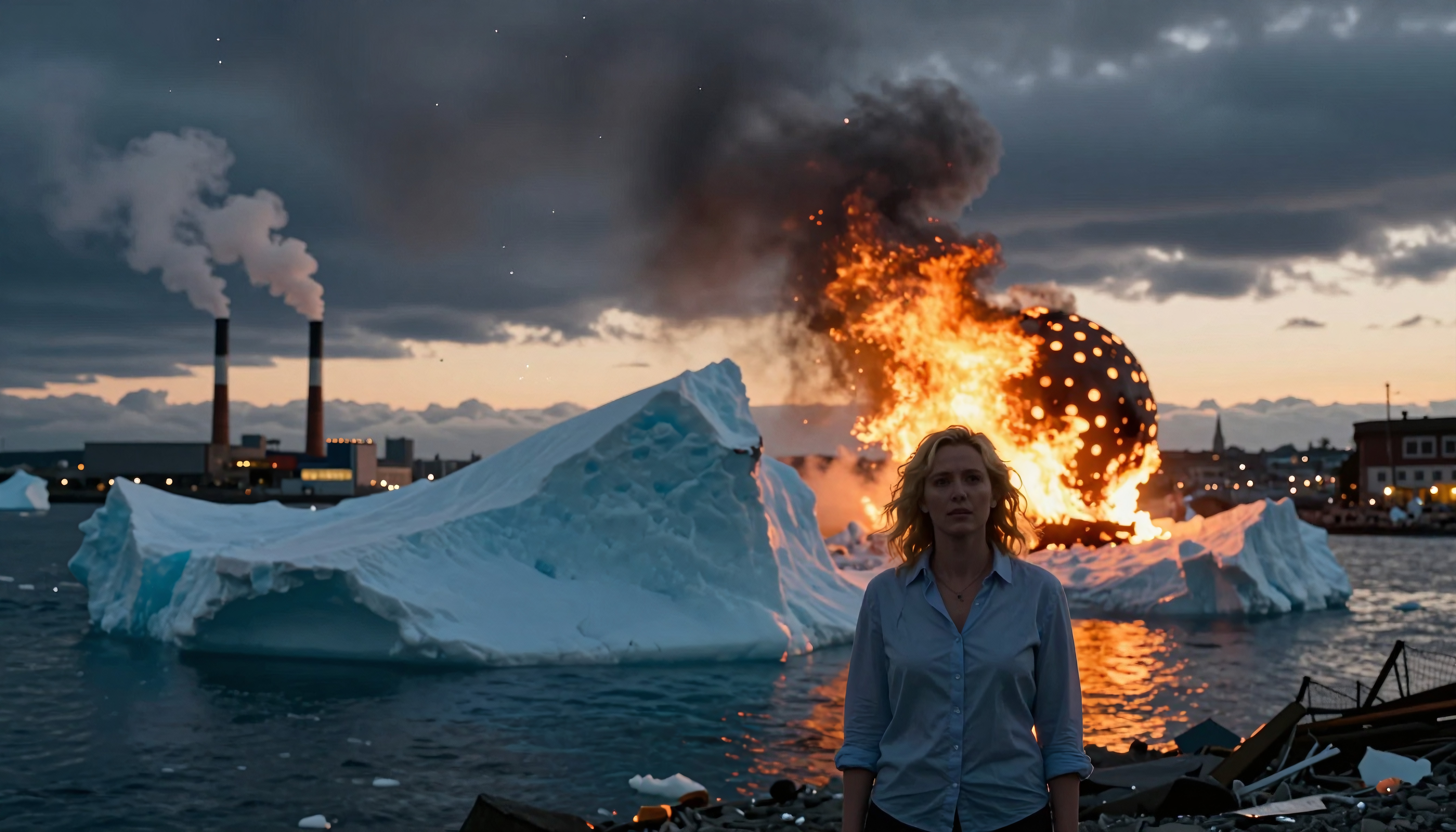 Woman standing by melting ice and fire during a dramatic sunset