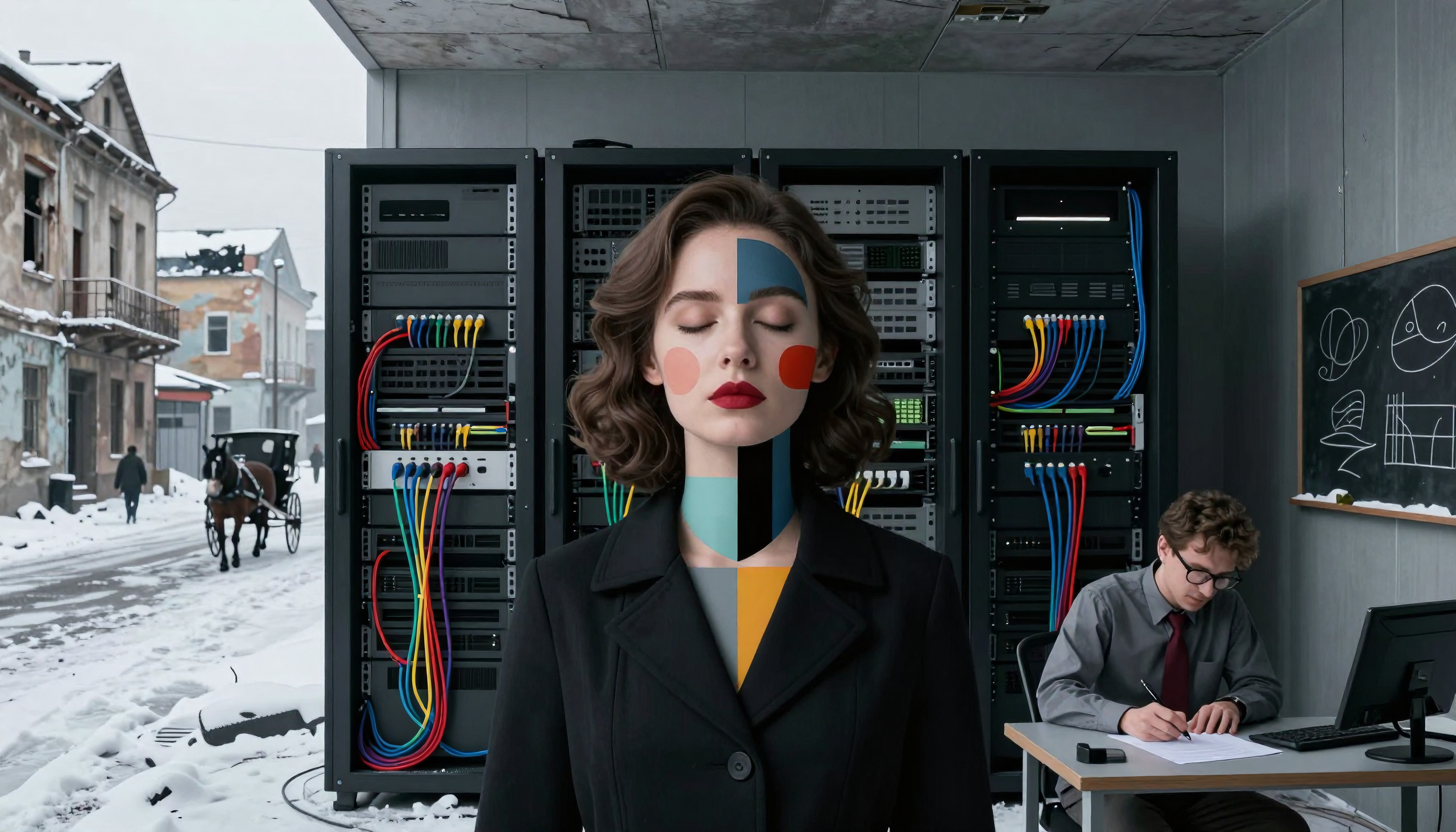 Woman standing before servers blending tech and vintage streetscape
