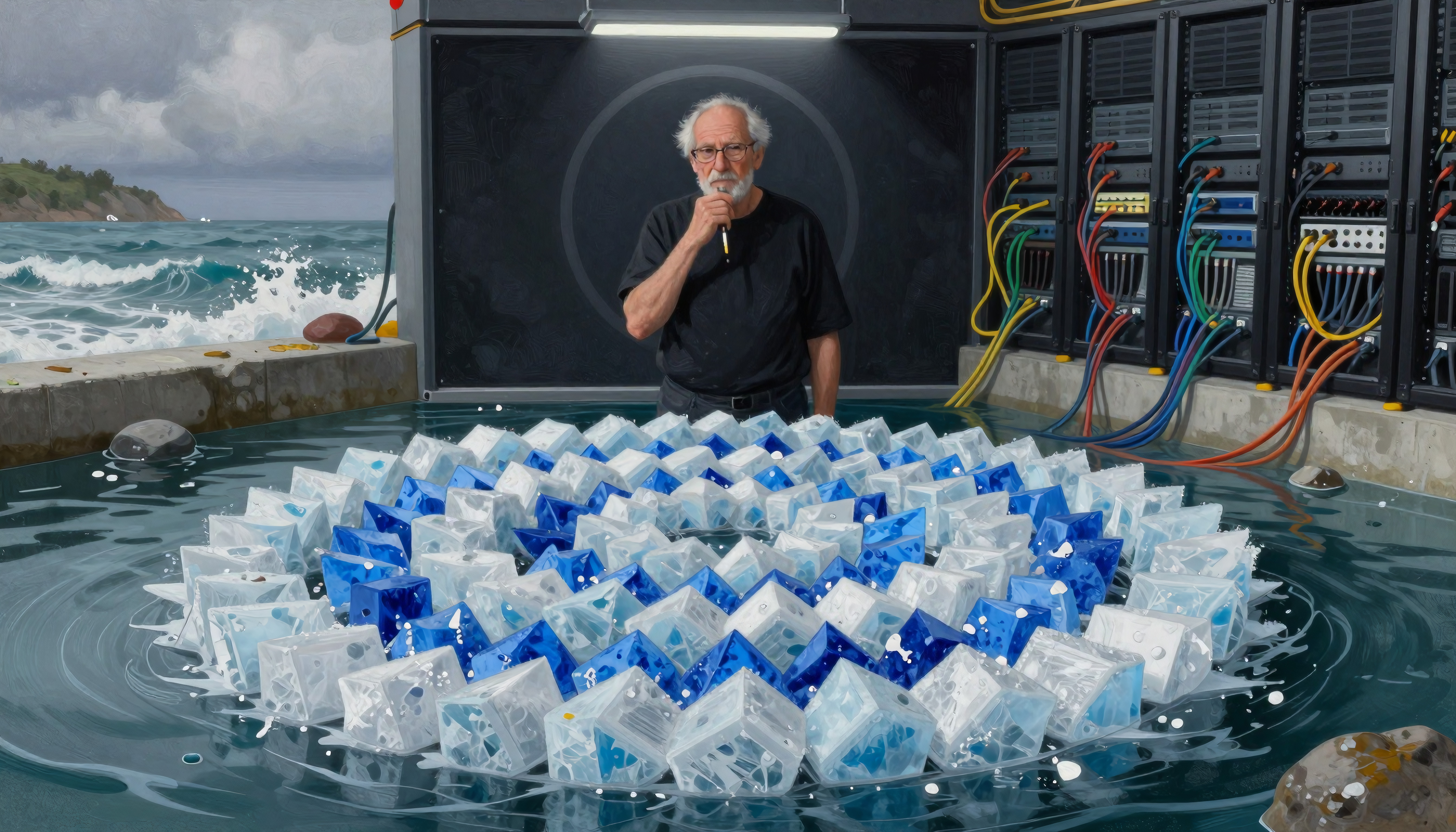 Elderly tech expert contemplates floating data cubes beside crashing ocean waves near server farm