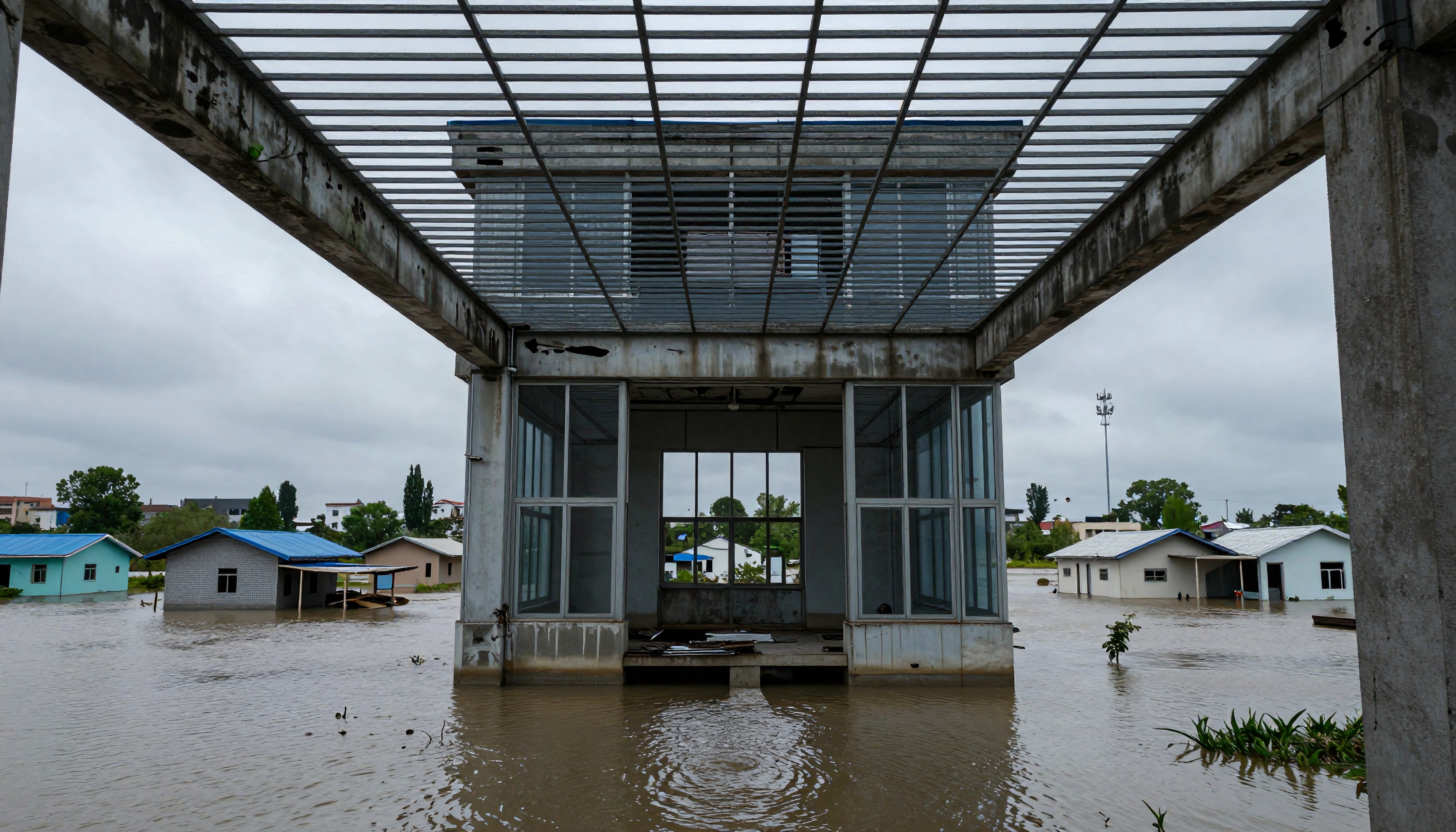 Flooded homes and unfinished building amidst overcast skies.