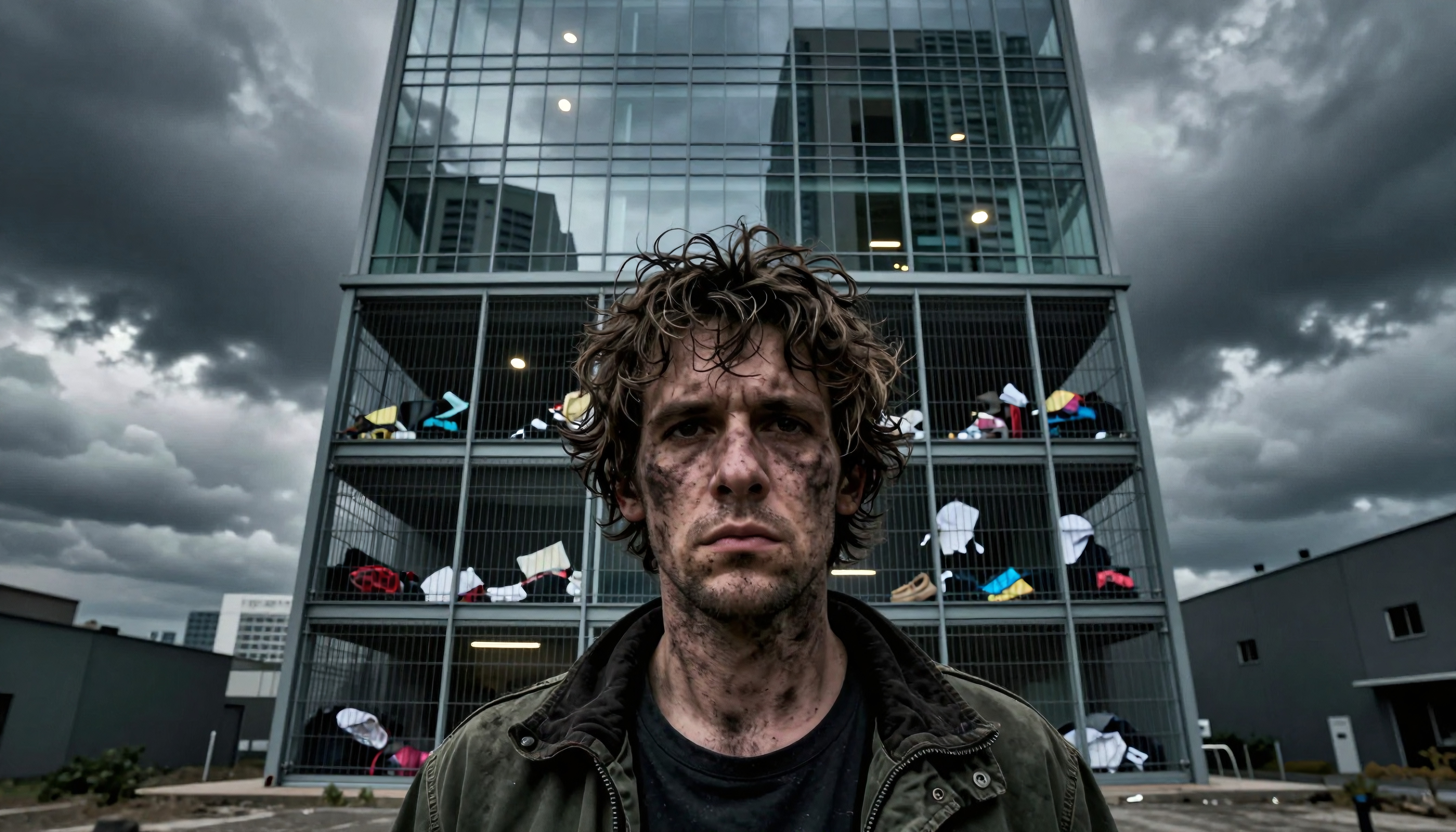 A rugged man stands solemnly in front of a modern glass building under a dark, stormy sky.