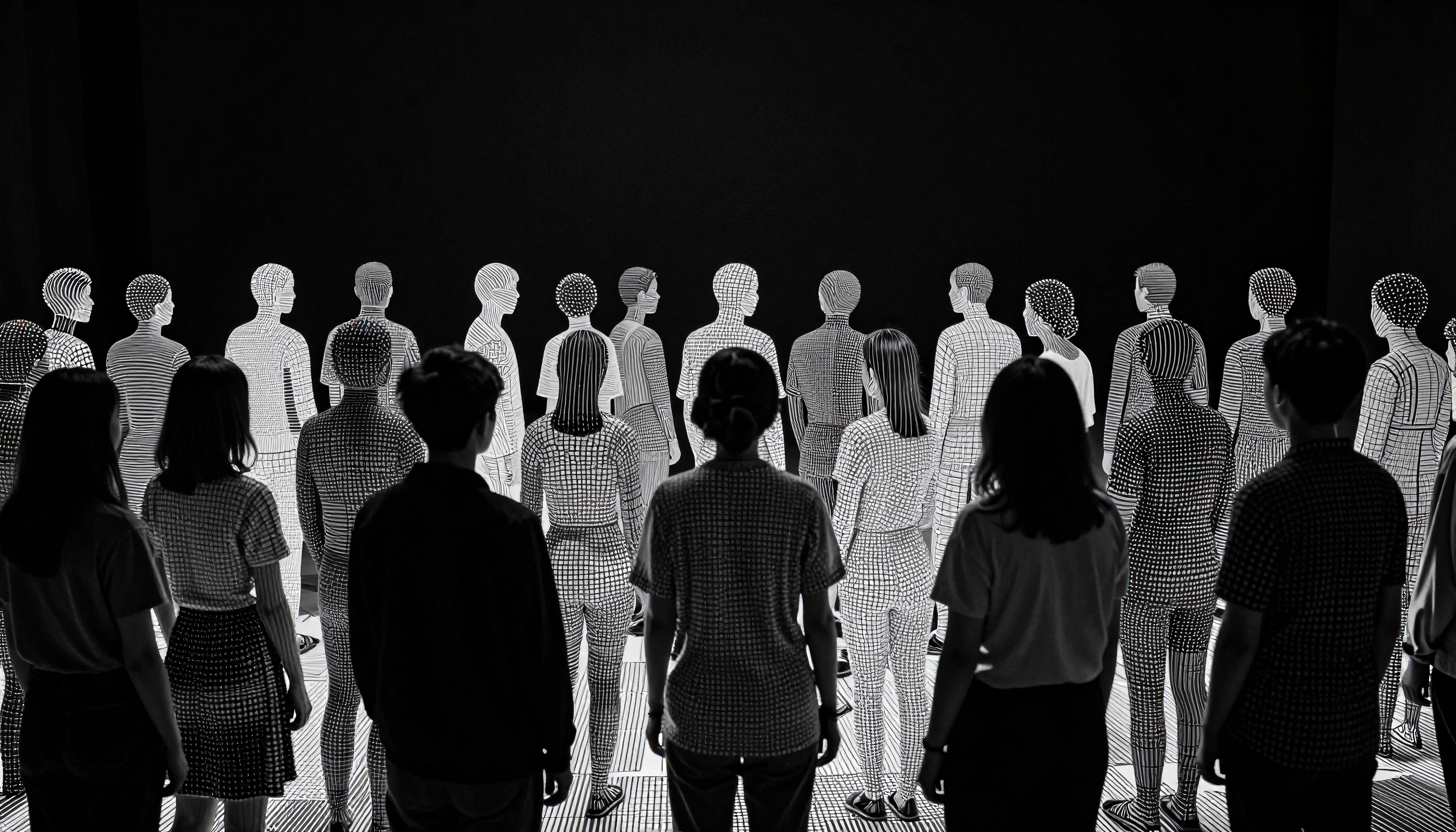 A monochrome scene with silhouettes observing a futuristic display, blending digital and real elements.