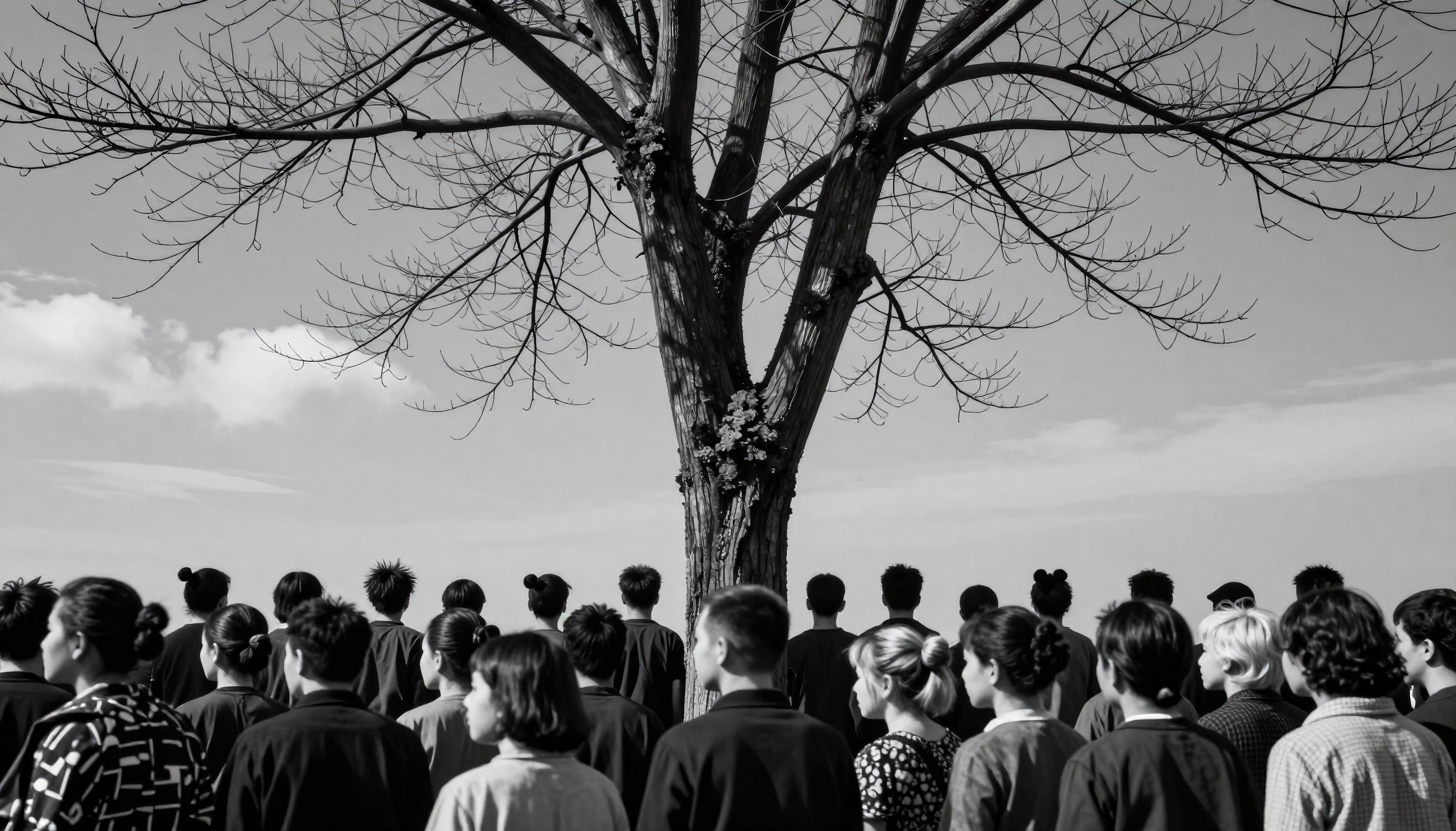 Black and white photo of a group facing a leafless tree under a clear sky.
