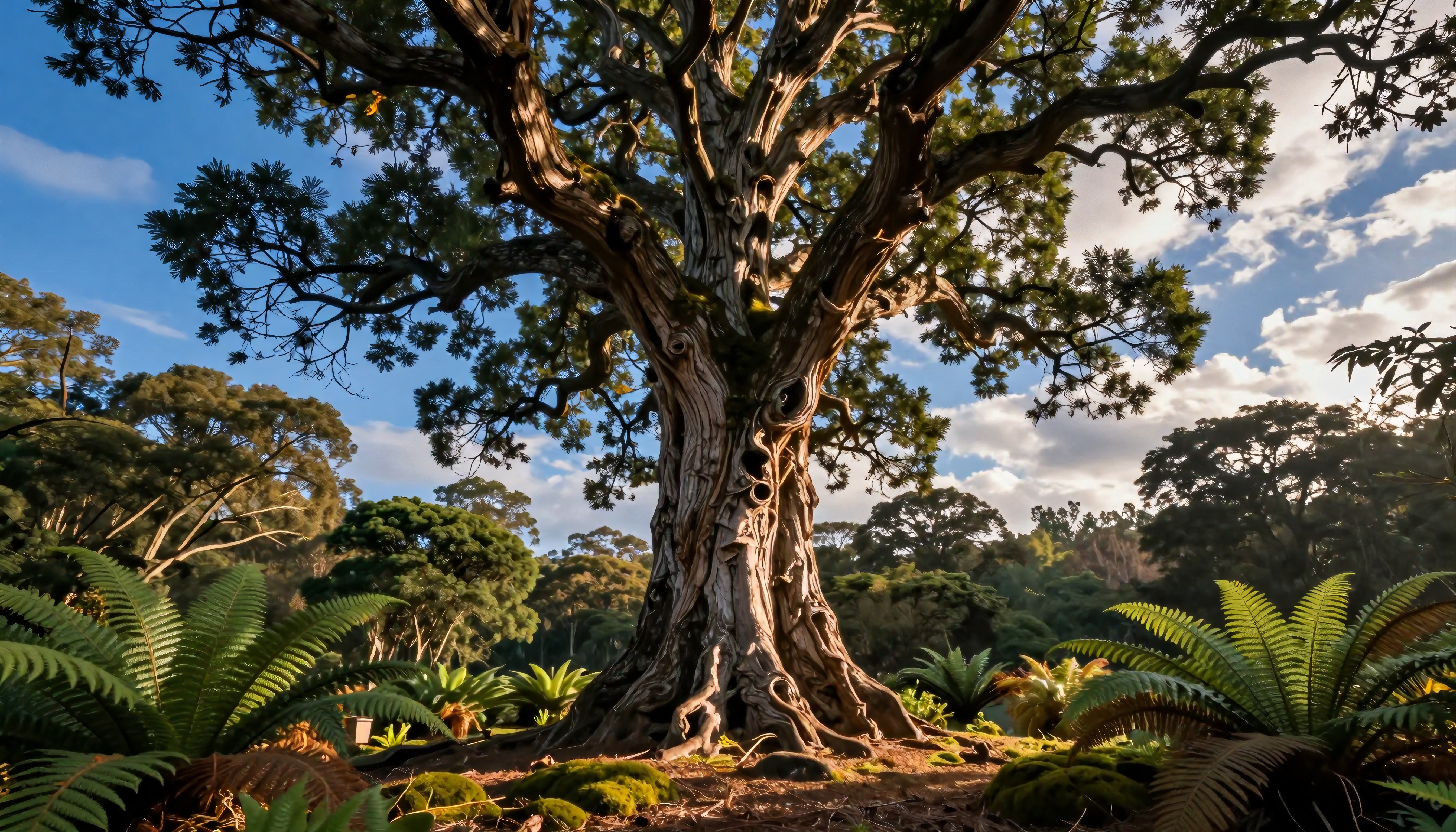 Vibrant tree in lush forest clearing.