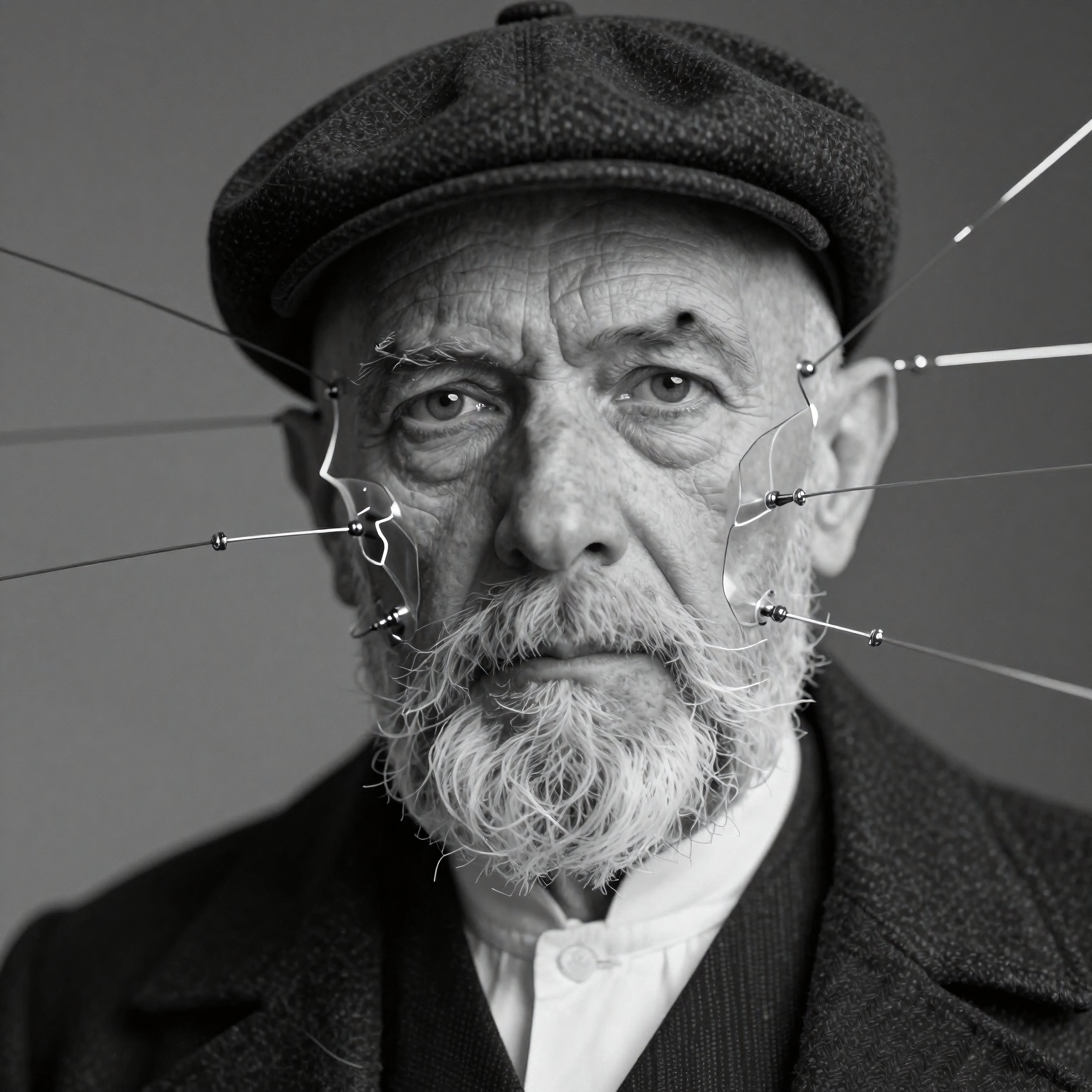 Intense Black and White Portrait of an Elderly Man with Electrodes.