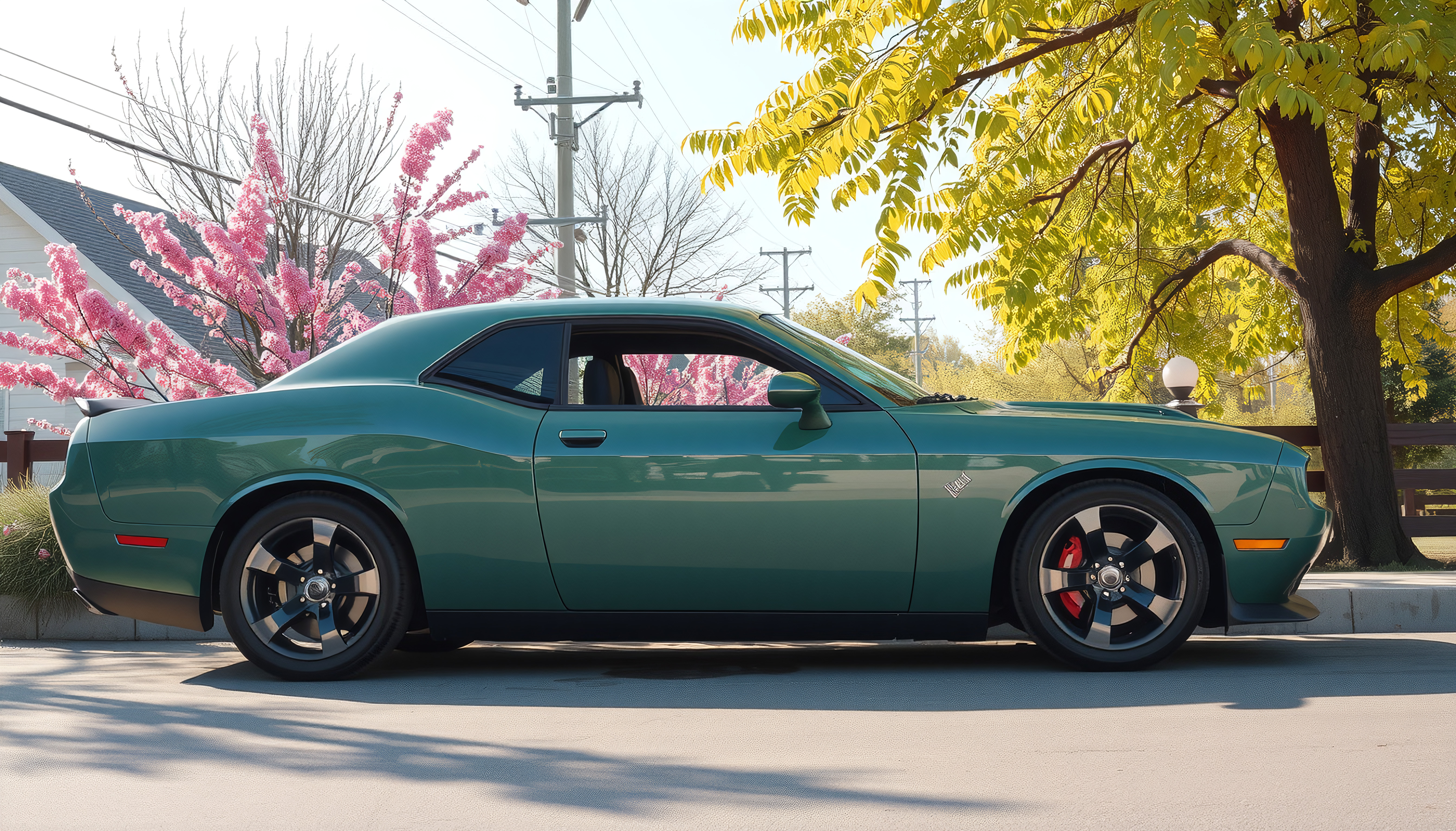 Sleek green Dodge Challenger under flowering cherry tree in serene suburban park during sunny spring afternoon