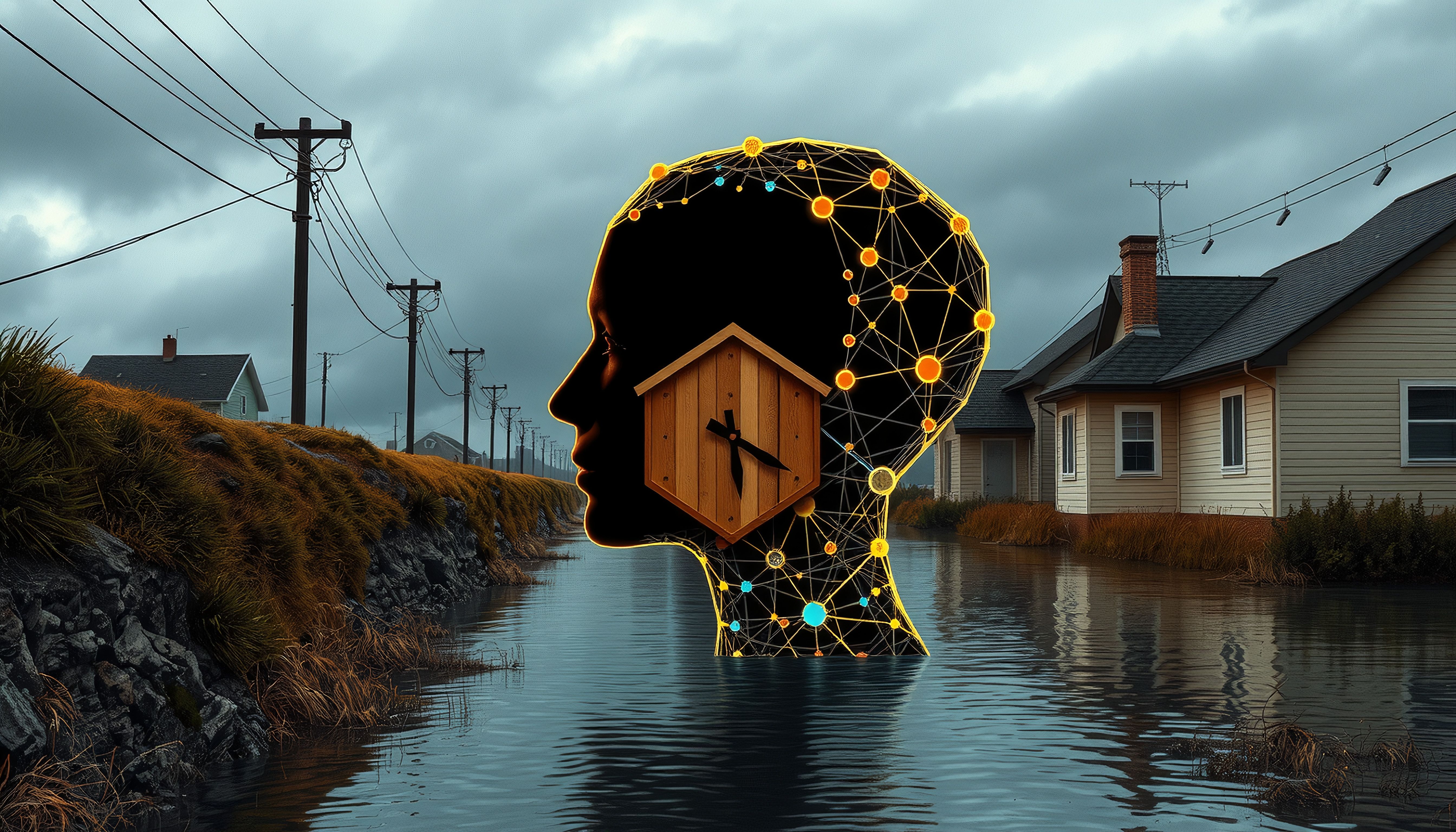 Flooded street under moody sky with human silhouette and clock symbolizing time and technology.