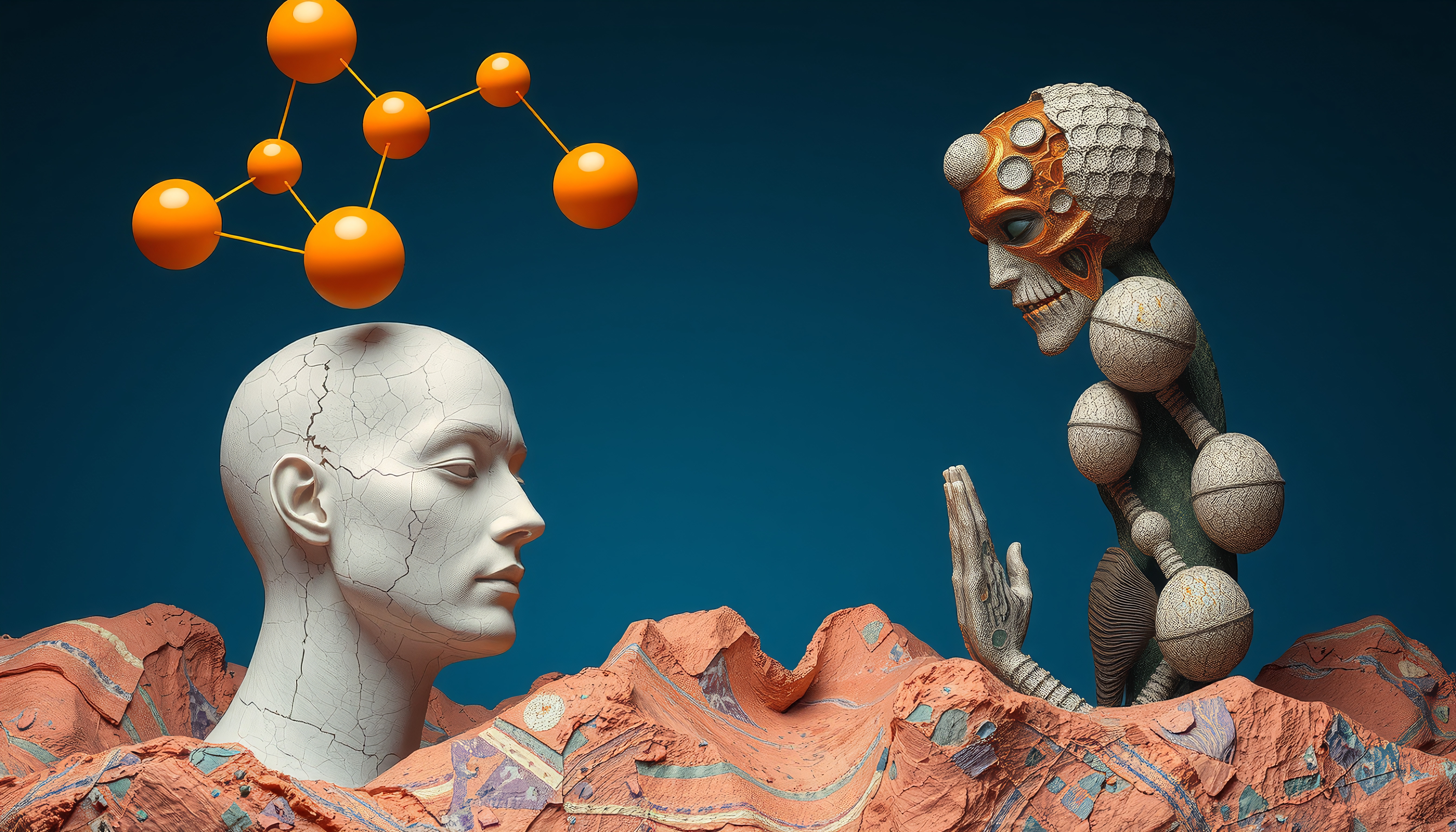 Surreal image depicting abstract humanoid figures in a vibrant landscape with molecular elements.