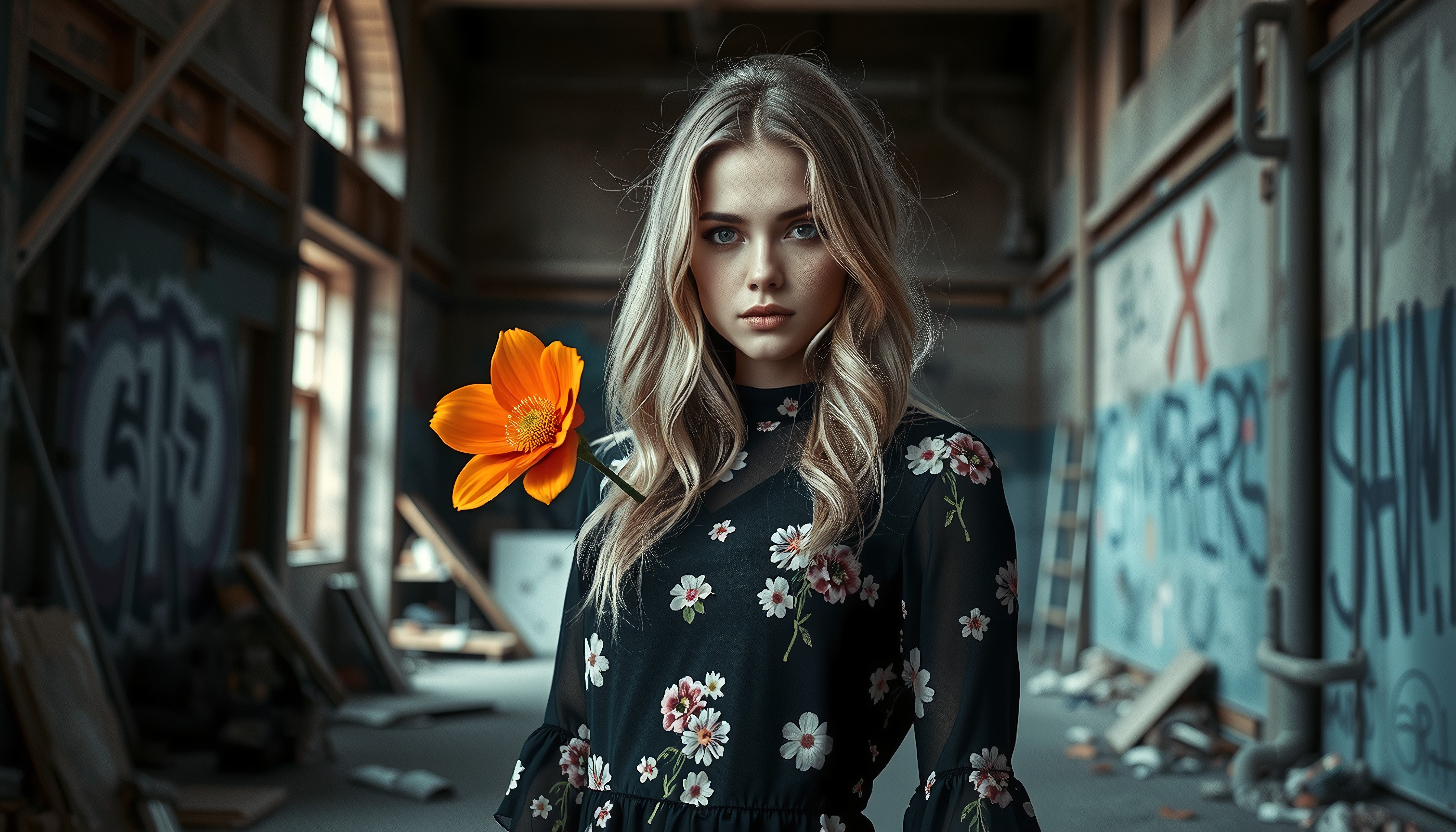 A woman in a floral dress with an orange flower stands in a graffiti-filled warehouse.