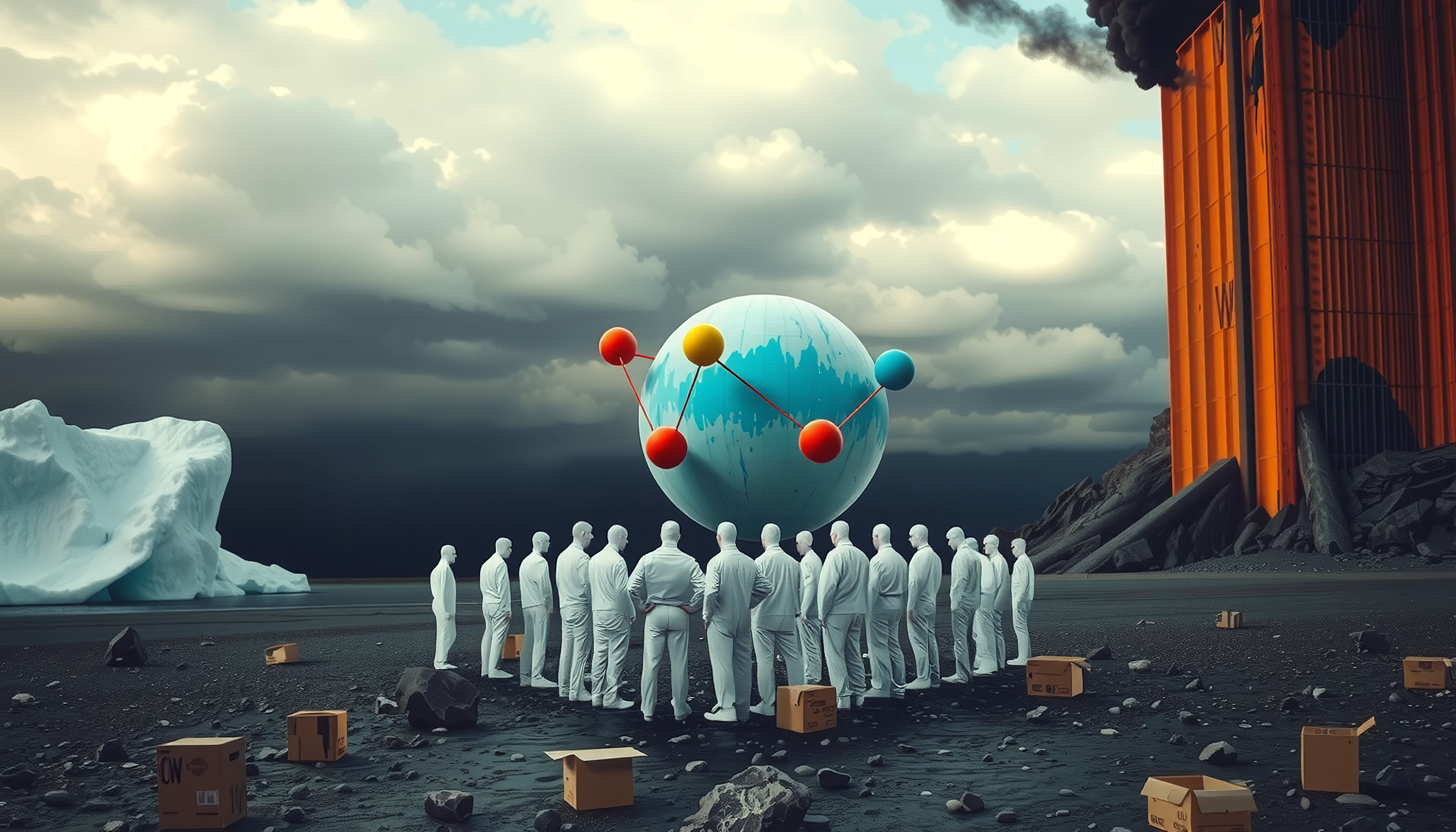 A group of people in white outfits surrounds a globe model with colorful nodes against a dramatic sky, with industrial and natural elements in the background.
