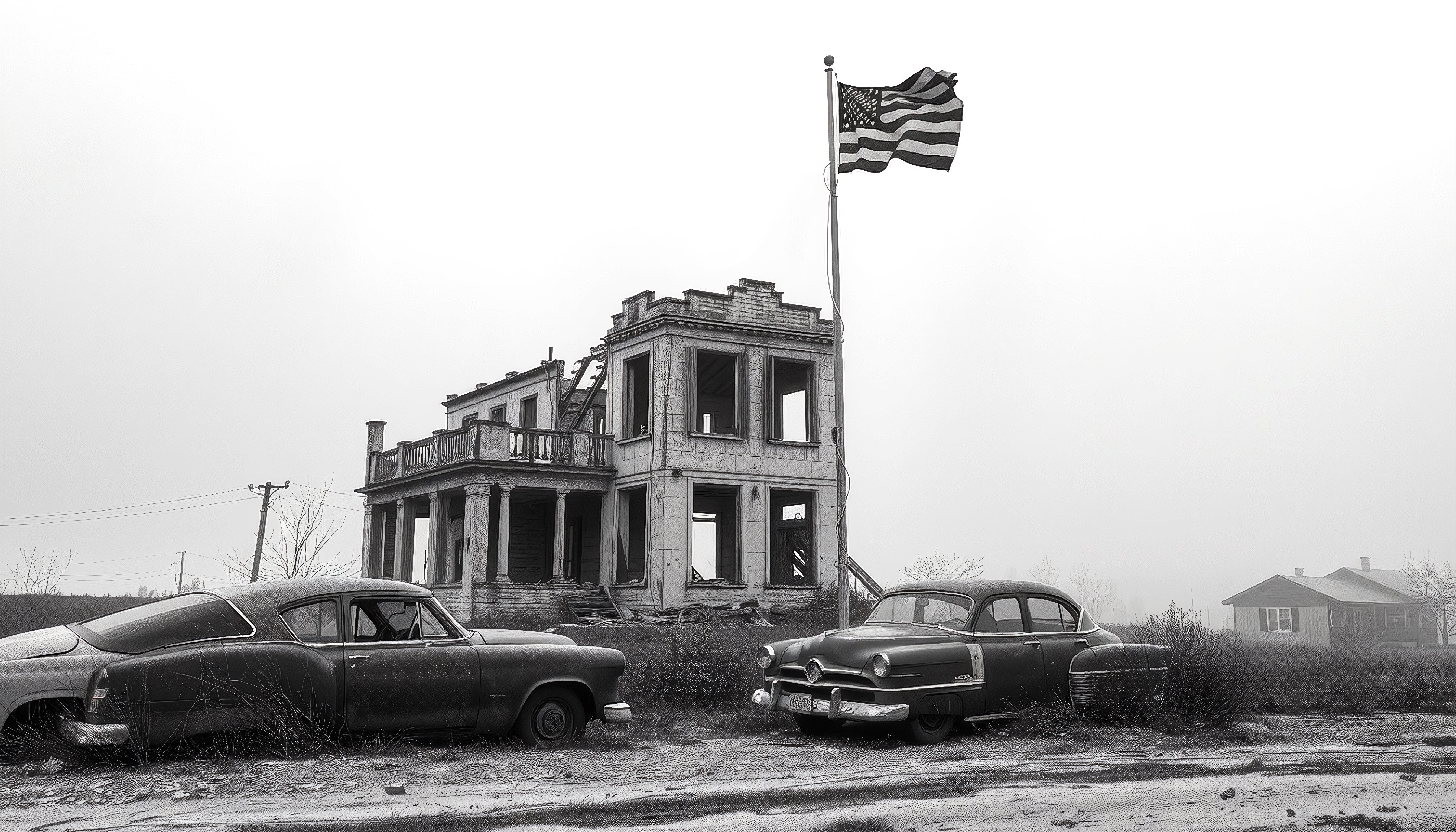 Image of a dilapidated house with vintage cars and a tattered American flag.