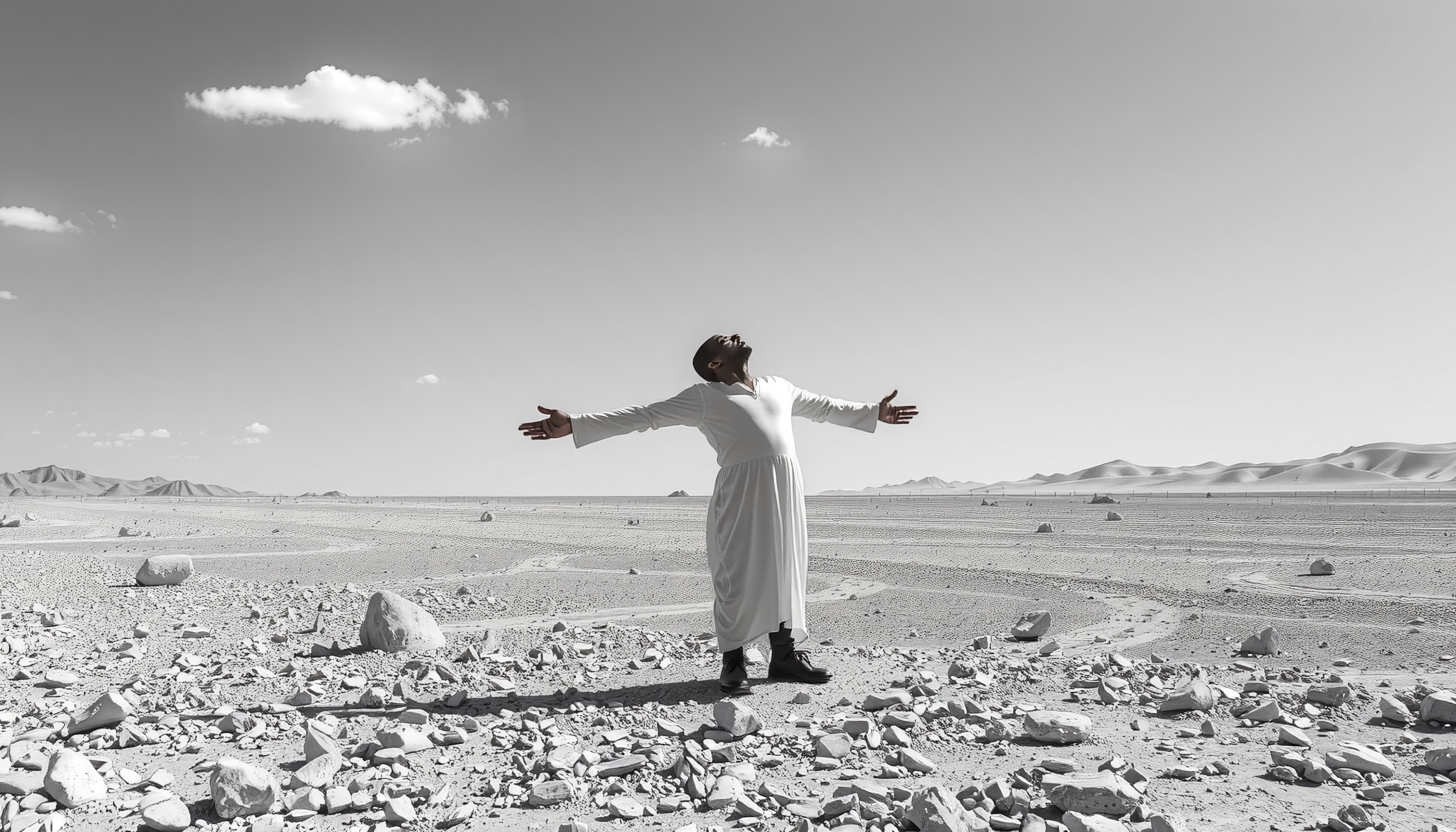 A man stands with arms outstretched in a vast desert under a clear sky.